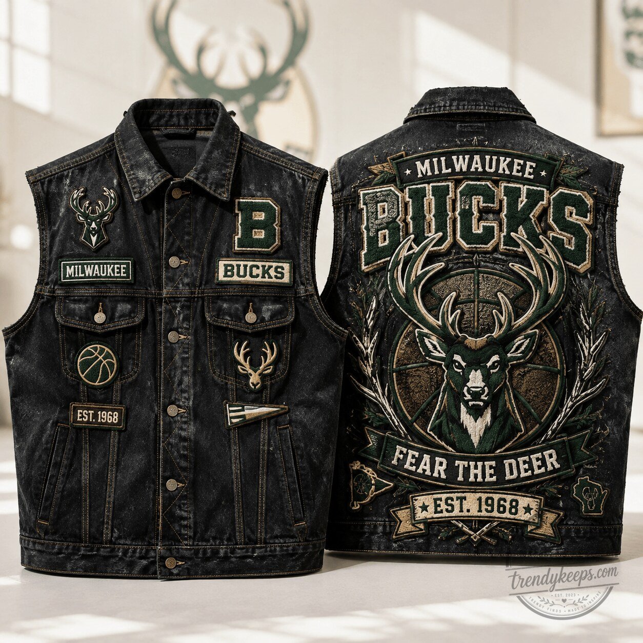 Milwaukee Bucks Fear The Deer NBA Basketball Denim Vest