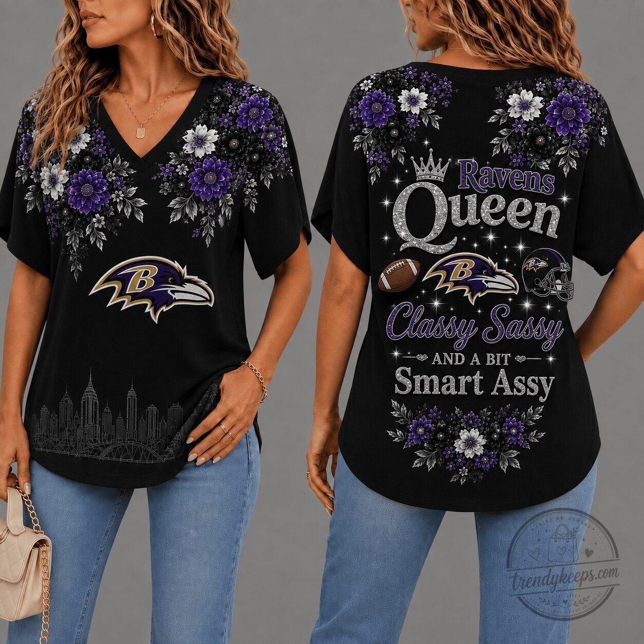 Baltimore Ravens Queen Classy Sassy Floral V-Neck Short Sleeve T-Shirt