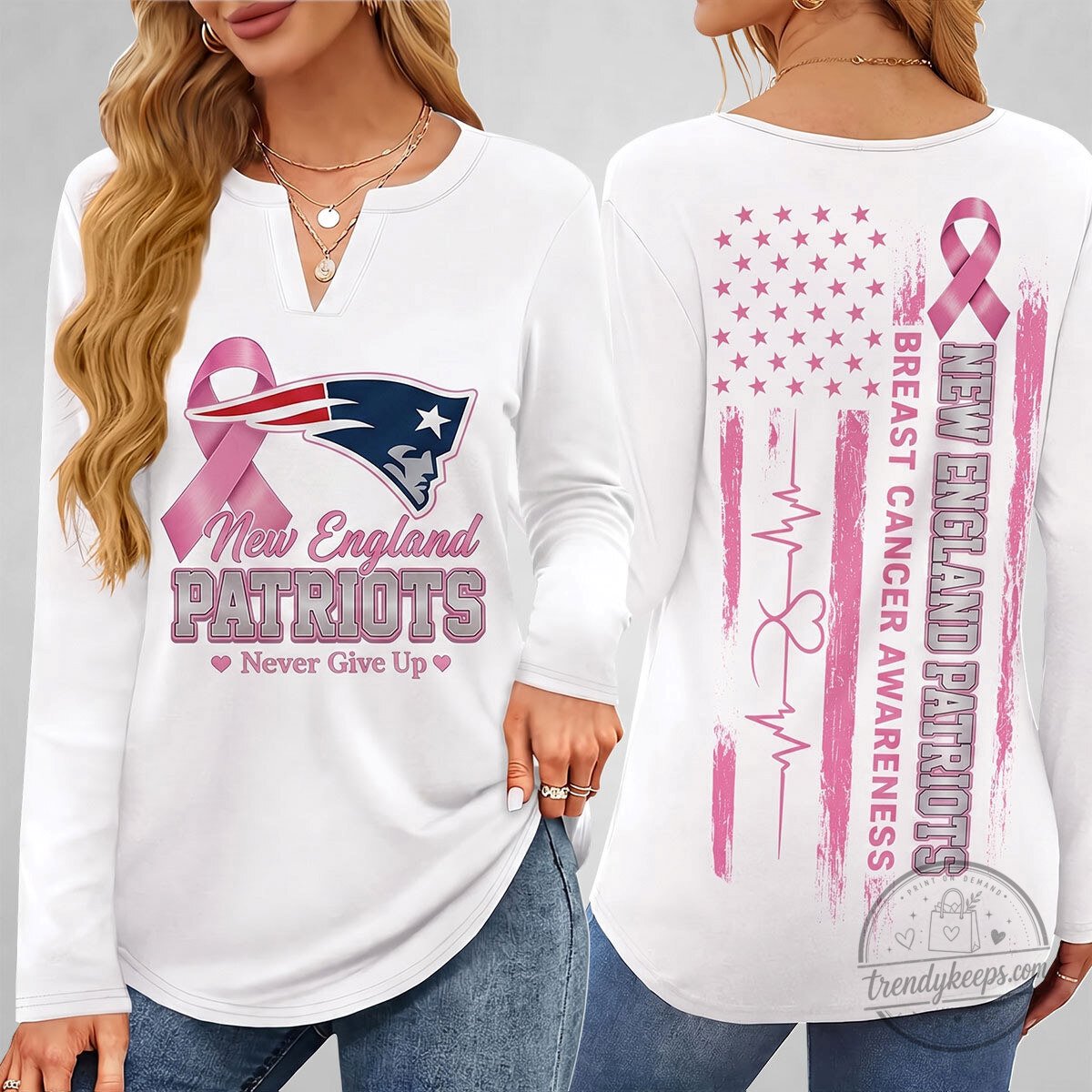 New England Patriots | Premium NFL Never Give Up V-neck Long Sleeve Shirt NTH1
