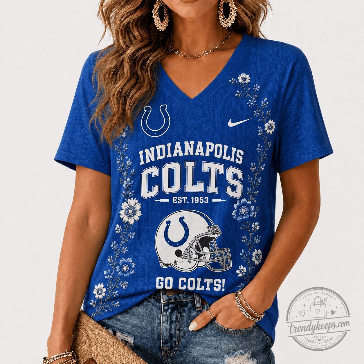 Indianapolis Colts Floral Pattern Women's V-Neck T-Shirt