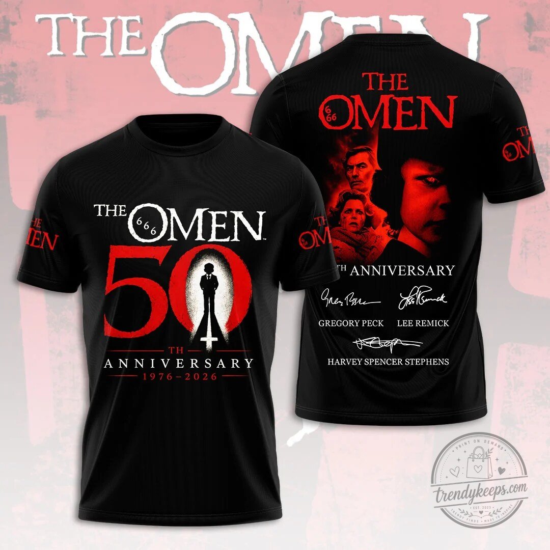 Black T-Shirt Featuring The Omen 50th Anniversary Horror Movie Poster