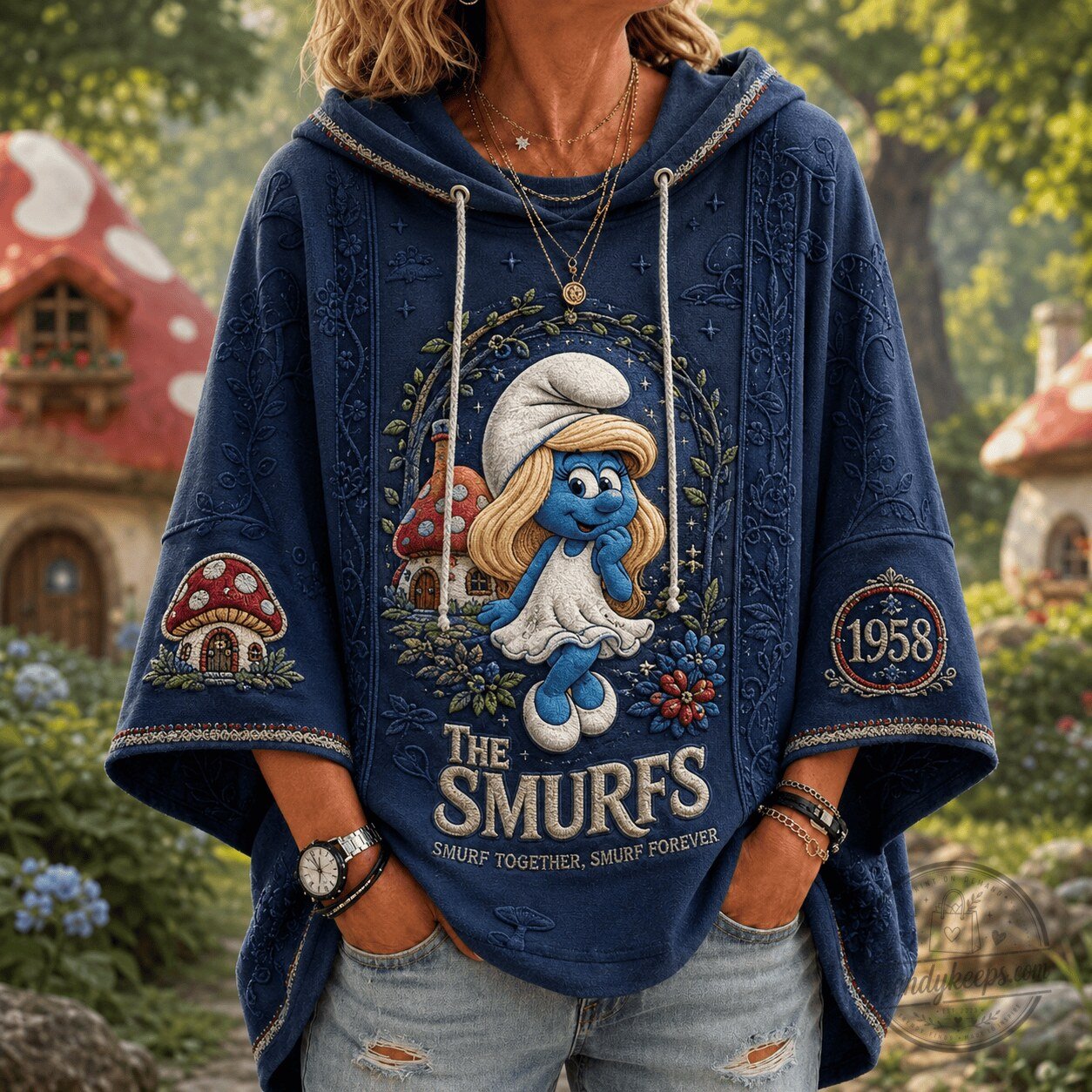 Smurfette The Smurfs Cartoon Character Blue Embroidered Hoodie
