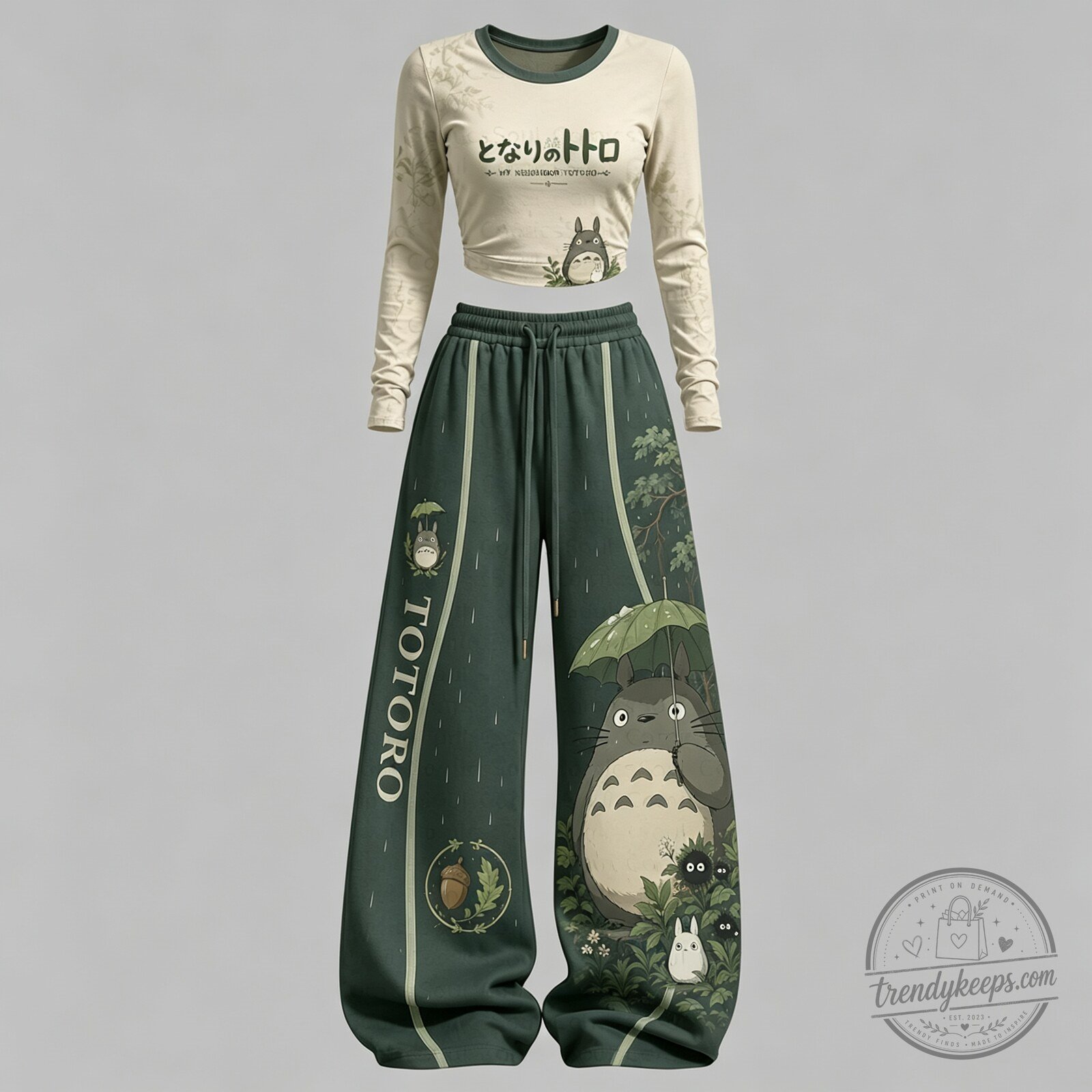 My Neighbor Totoro Character Long Sleeve Crop Top and Wide Leg Pants Set