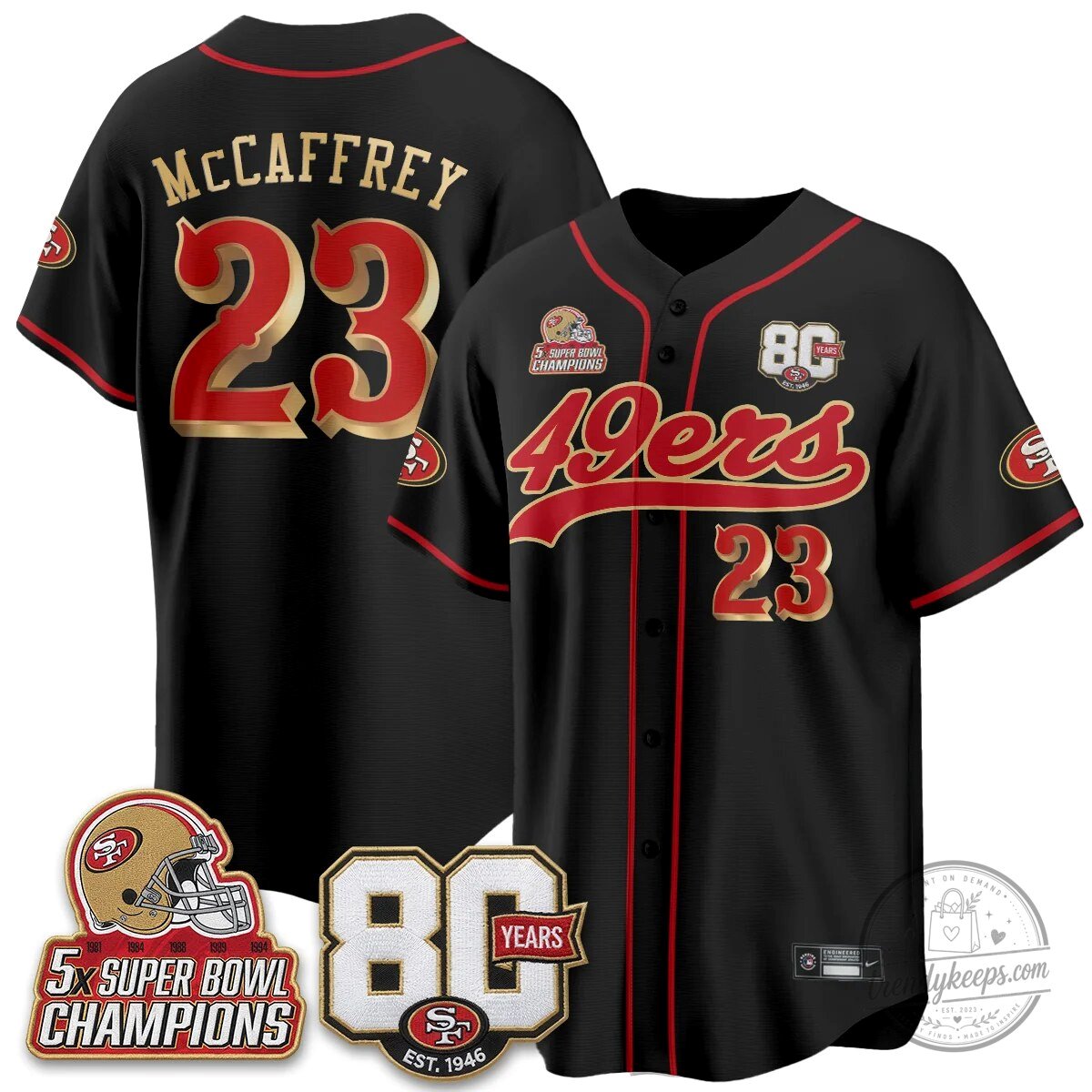 San Francisco 49ers Christian McCaffrey Black Baseball Jersey - 80 Years Est. 1946
