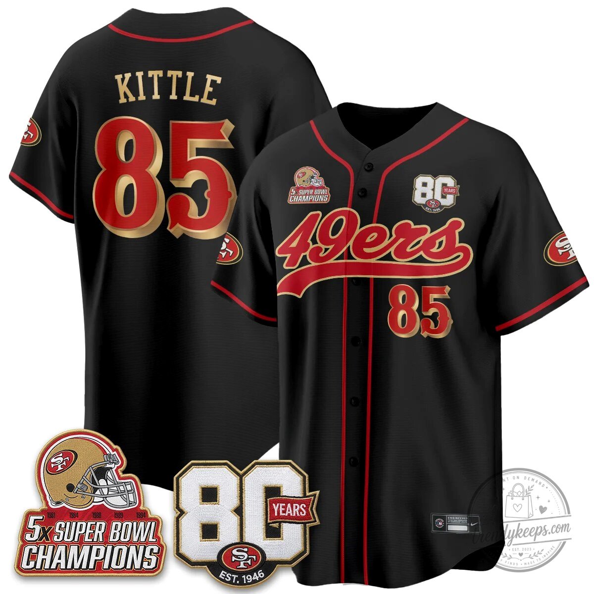San Francisco 49ers Christian McCaffrey Black Baseball Jersey - 80 Years Est. 1946 42 San Francisco 49ers Christian McCaffrey Black Baseball Jersey - 80 Years Est. 1946