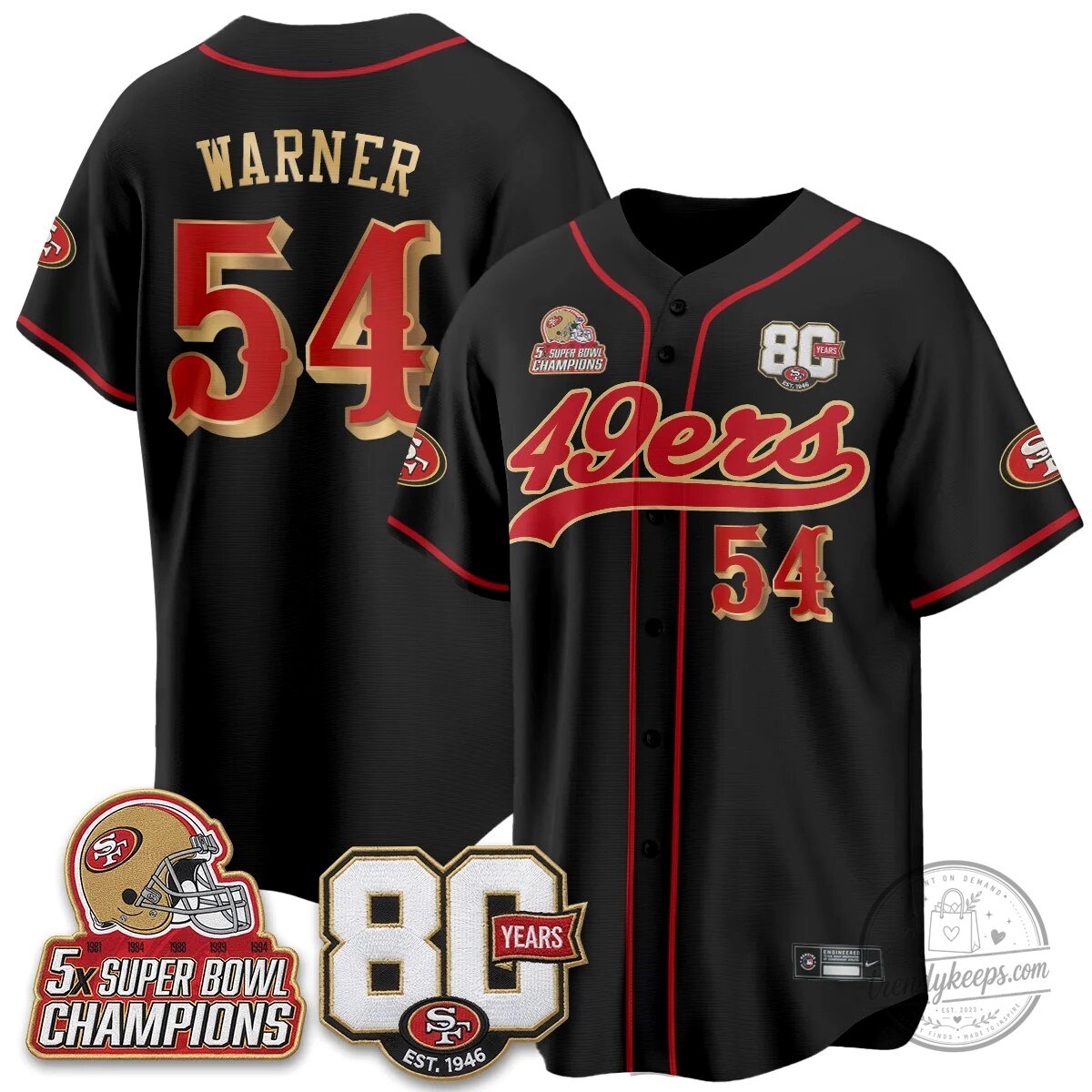 San Francisco 49ers Christian McCaffrey Black Baseball Jersey - 80 Years Est. 1946 43 San Francisco 49ers Christian McCaffrey Black Baseball Jersey - 80 Years Est. 1946