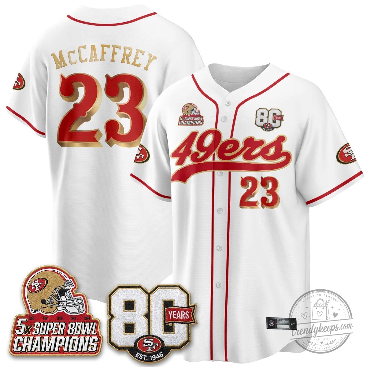 San Francisco 49ers Christian McCaffrey Black Baseball Jersey - 80 Years Est. 1946 52 San Francisco 49ers Christian McCaffrey Black Baseball Jersey - 80 Years Est. 1946