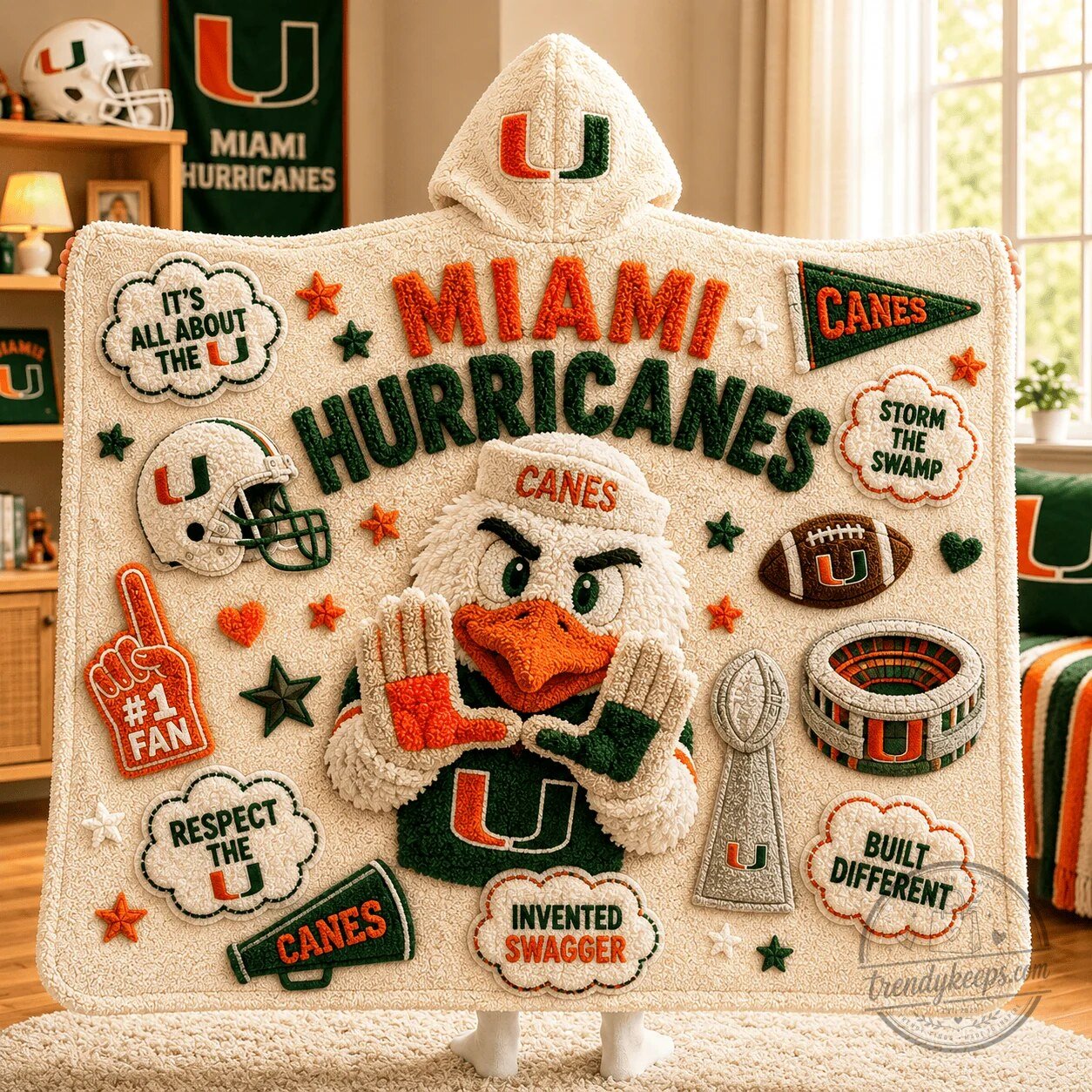 Miami Hurricanes Football Team Logo Sherpa Hooded Blanket 4 Miami Hurricanes Football Team Logo Sherpa Hooded Blanket