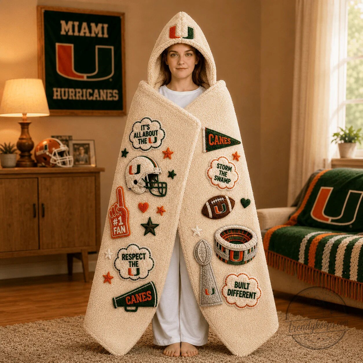 Miami Hurricanes Football Team Logo Sherpa Hooded Blanket 5 Miami Hurricanes Football Team Logo Sherpa Hooded Blanket