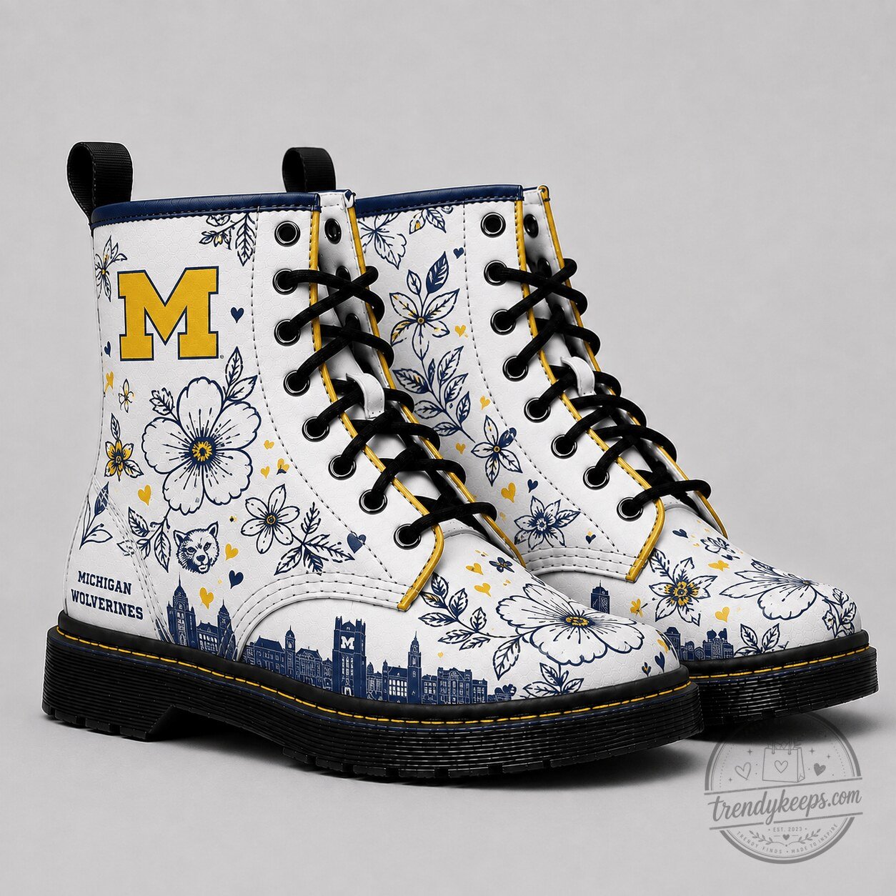 Michigan Wolverines Floral Pattern White Combat Boots