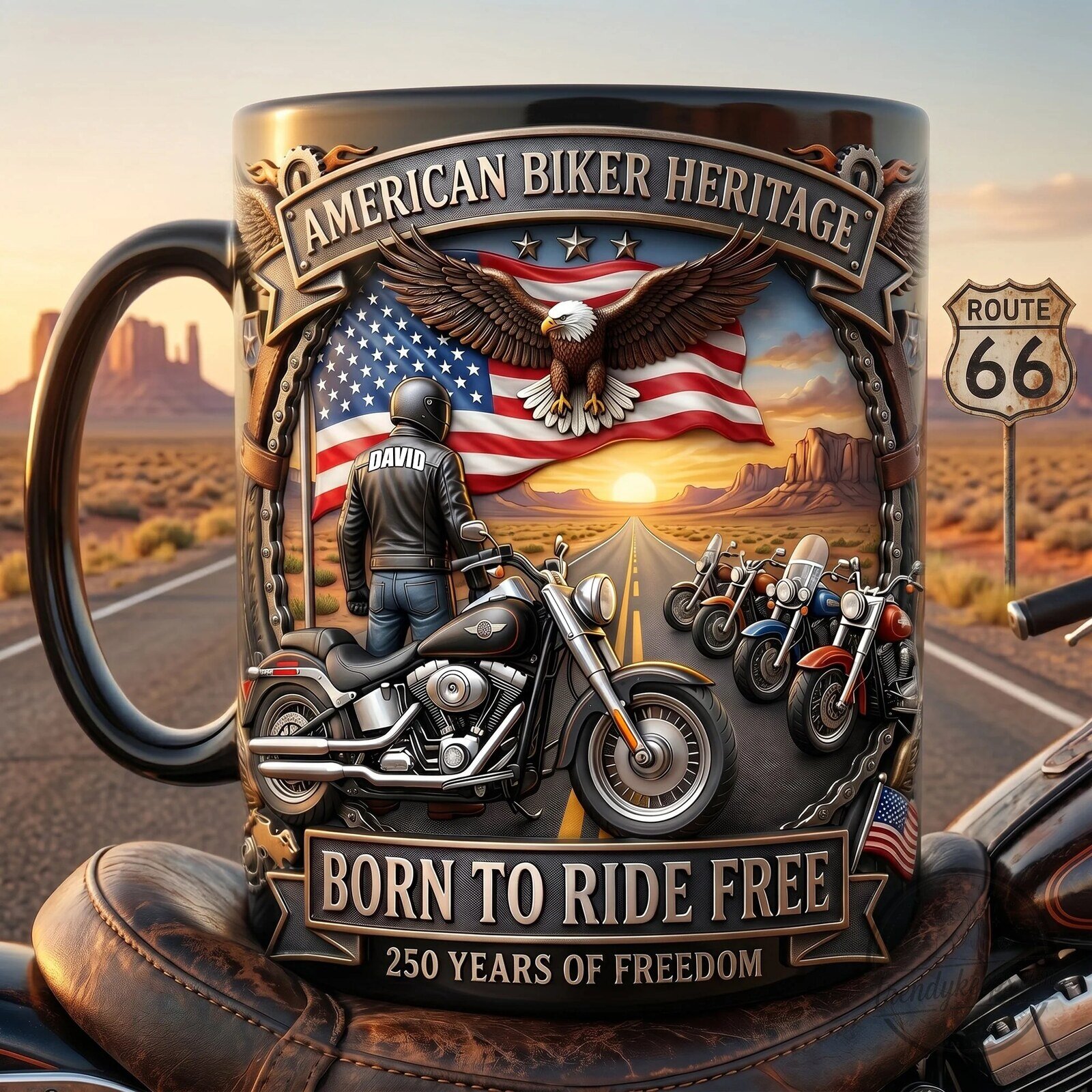 Route 66 Born To Ride Free Motorcycle Mug - American Biker Heritage for Coffee Enthusiasts