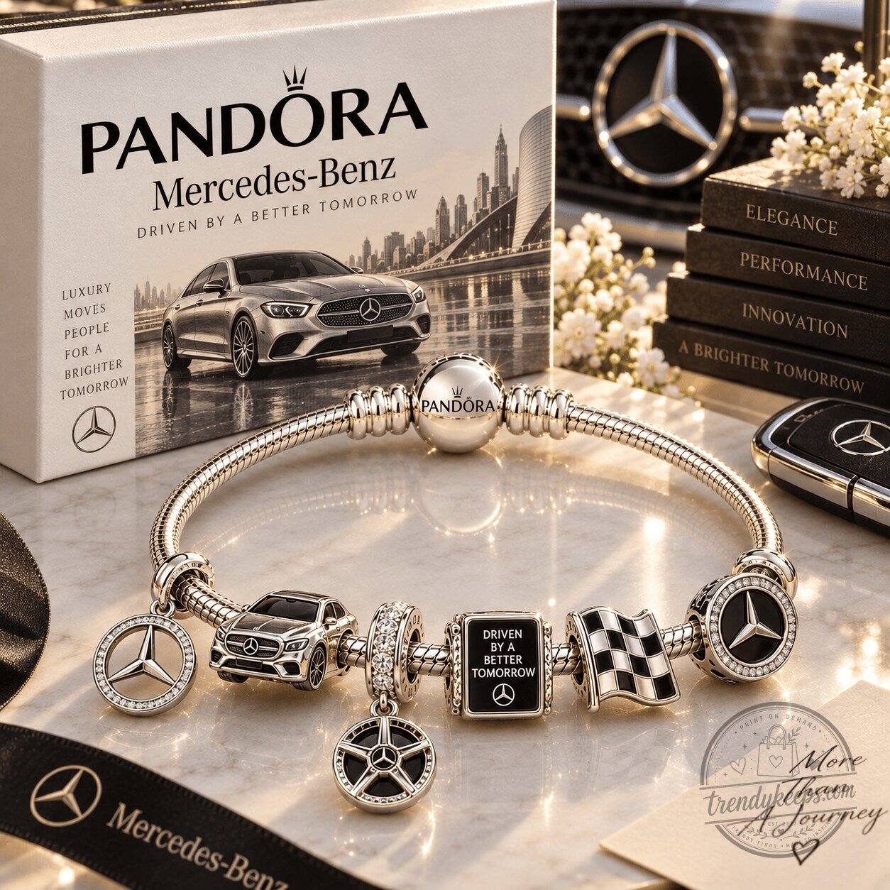 Pandora Mercedes-Benz Silver Charm Bracelet Set with Car and Logo Charms