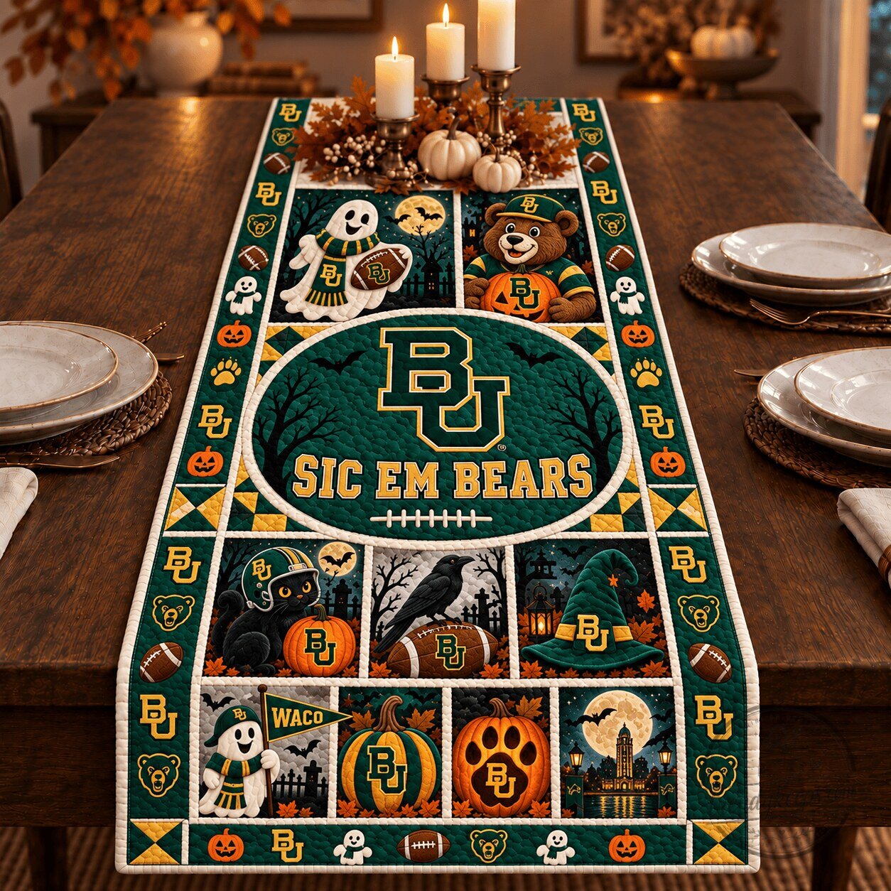 Baylor Bears Sic 'Em Bears Halloween Football Game Night Table Runner