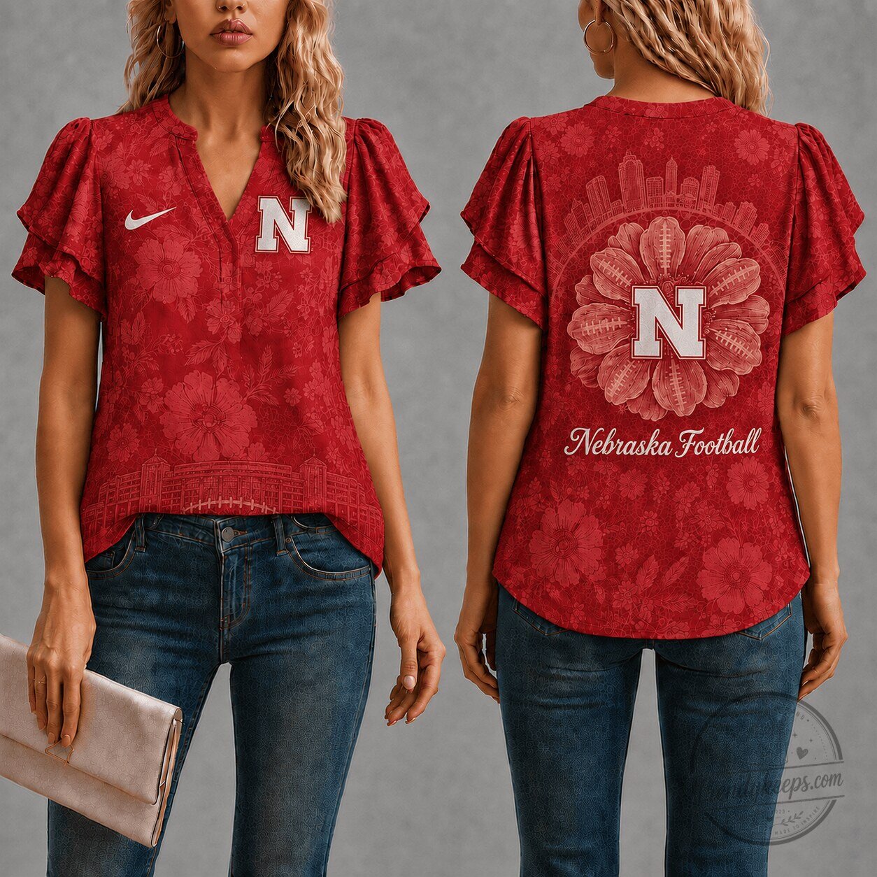 Nebraska Cornhuskers Shirt Women's Floral V-Neck Short Sleeve Top 1 Nebraska Cornhuskers Shirt Women