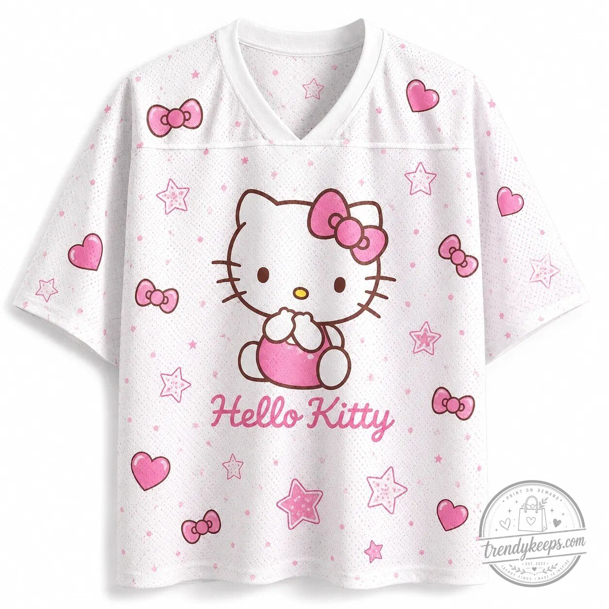 Hello Kitty Pink Hearts and Stars Pattern White Football Jersey