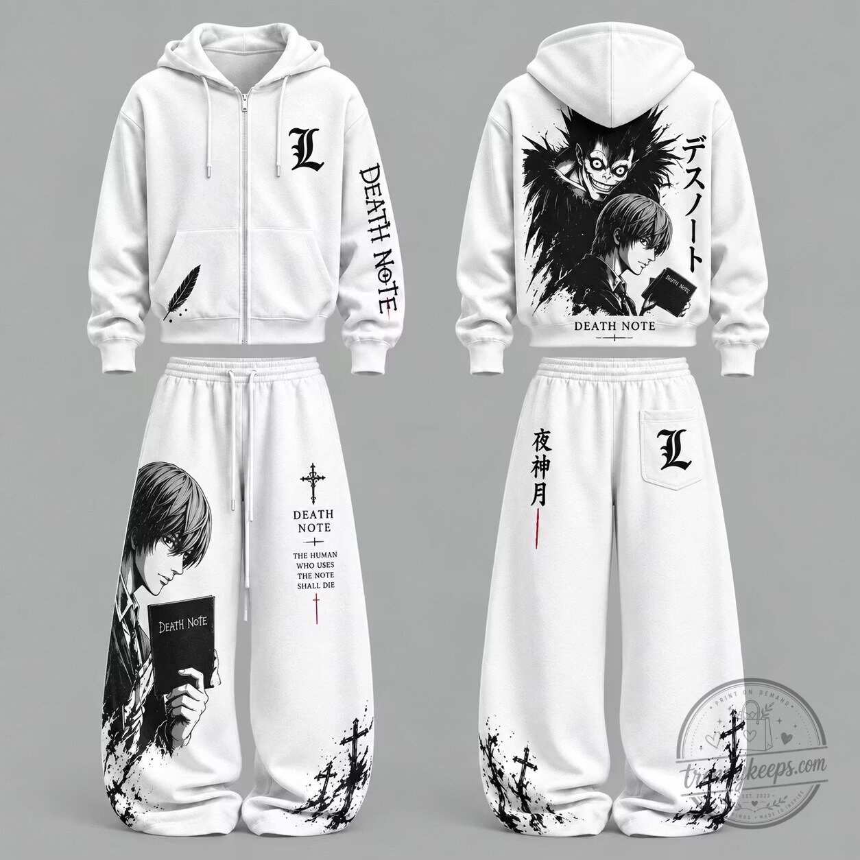 Death Note L Lawliet and Light Yagami Anime White Hoodie and Sweatpants Set