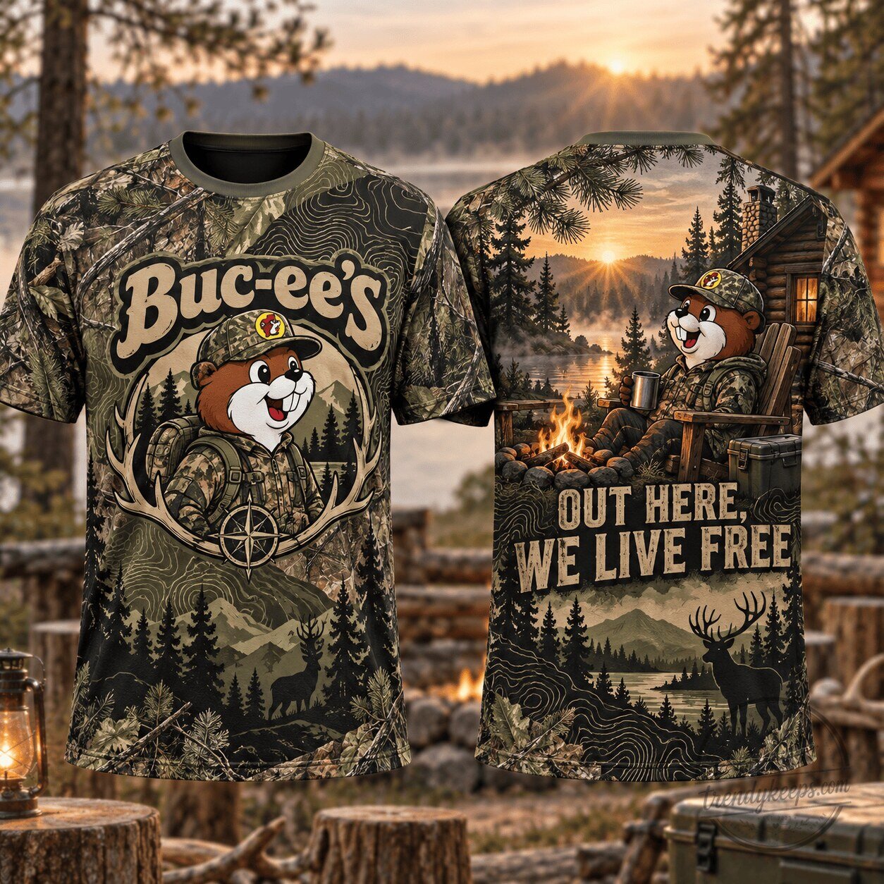 Buc-ee's shirt Out Here We Live Free Hunting Outdoor Camouflage T-Shirt