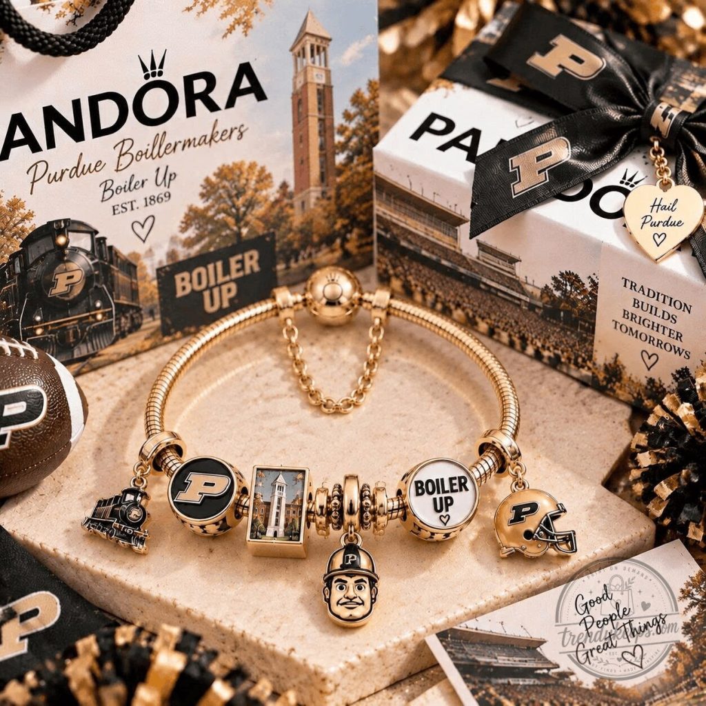 Purdue Boilermakers Gold Charm Bracelet with Football Helmet and Train Charms Purdue Boilermakers Gold Charm Bracelet with Football Helmet and Train Charms