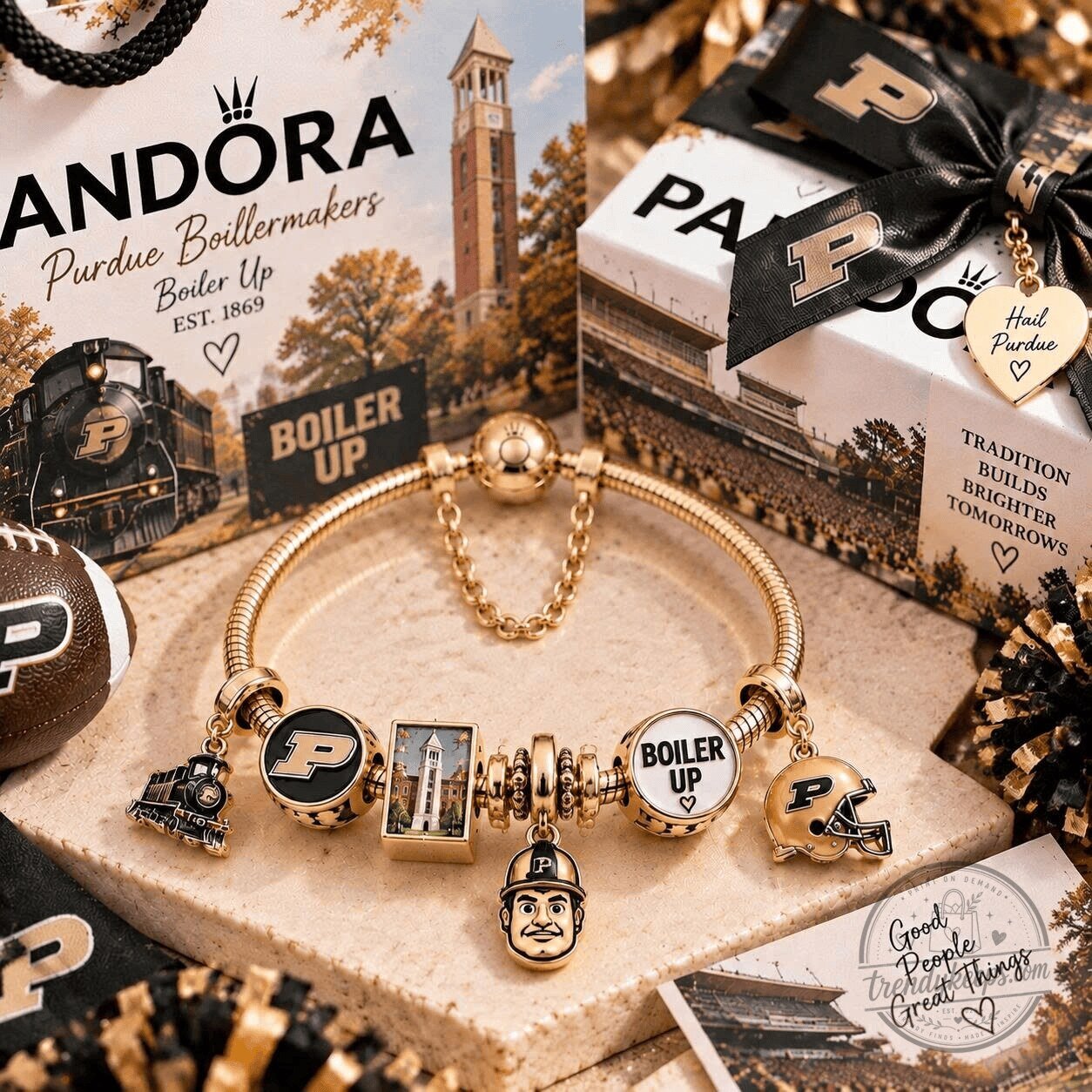Purdue Boilermakers Gold Charm Bracelet with Football Helmet and Train Charms
