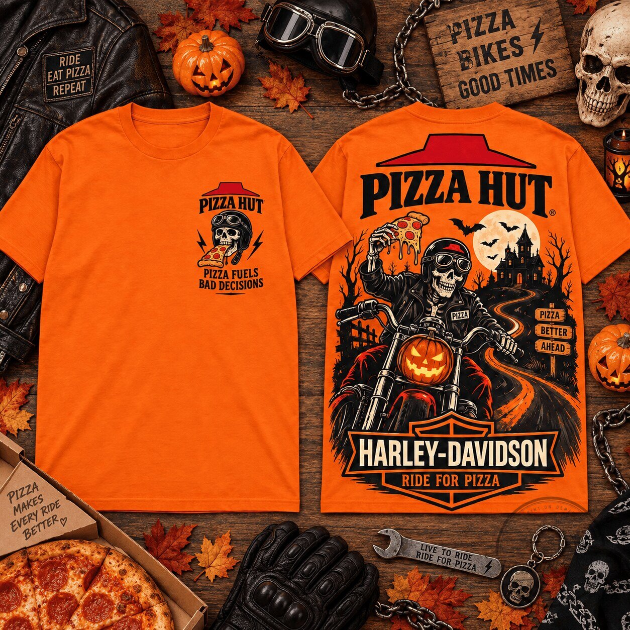 Harley Davidson Pizza Hut Halloween Skeleton Biker Graphic T-Shirt