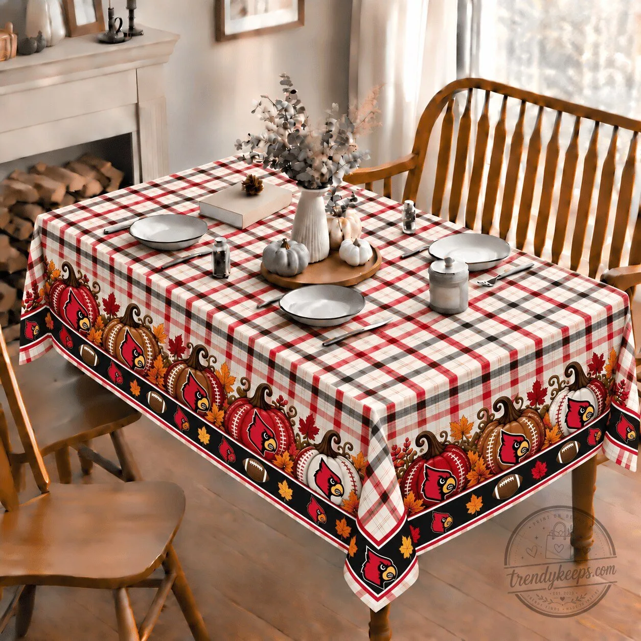 Louisville Cardinals Football Fall Plaid Thanksgiving Tablecloth