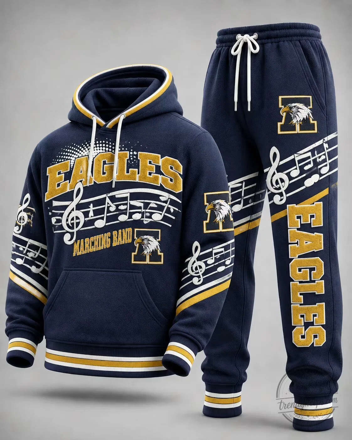 Eagles Marching Band Music Notes Navy Blue Hoodie and Sweatpants Set