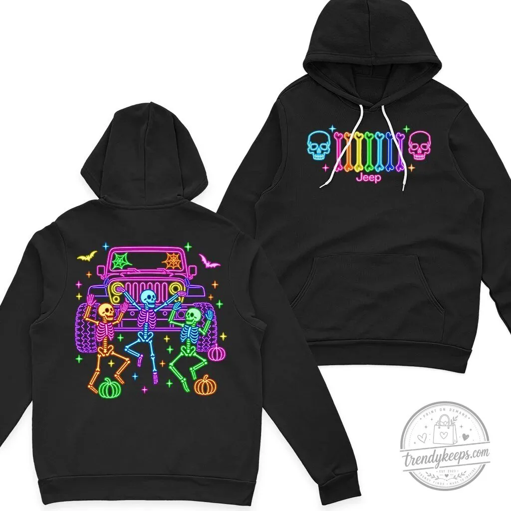 Halloween Jeep Skeleton Neon Glow Bones Dance Party Black Hoodie 15 Halloween Jeep Skeleton Neon Glow Bones Dance Party Black Hoodie