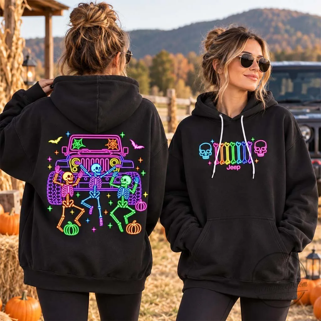 Halloween Jeep Skeleton Neon Glow Bones Dance Party Black Hoodie 16 Halloween Jeep Skeleton Neon Glow Bones Dance Party Black Hoodie