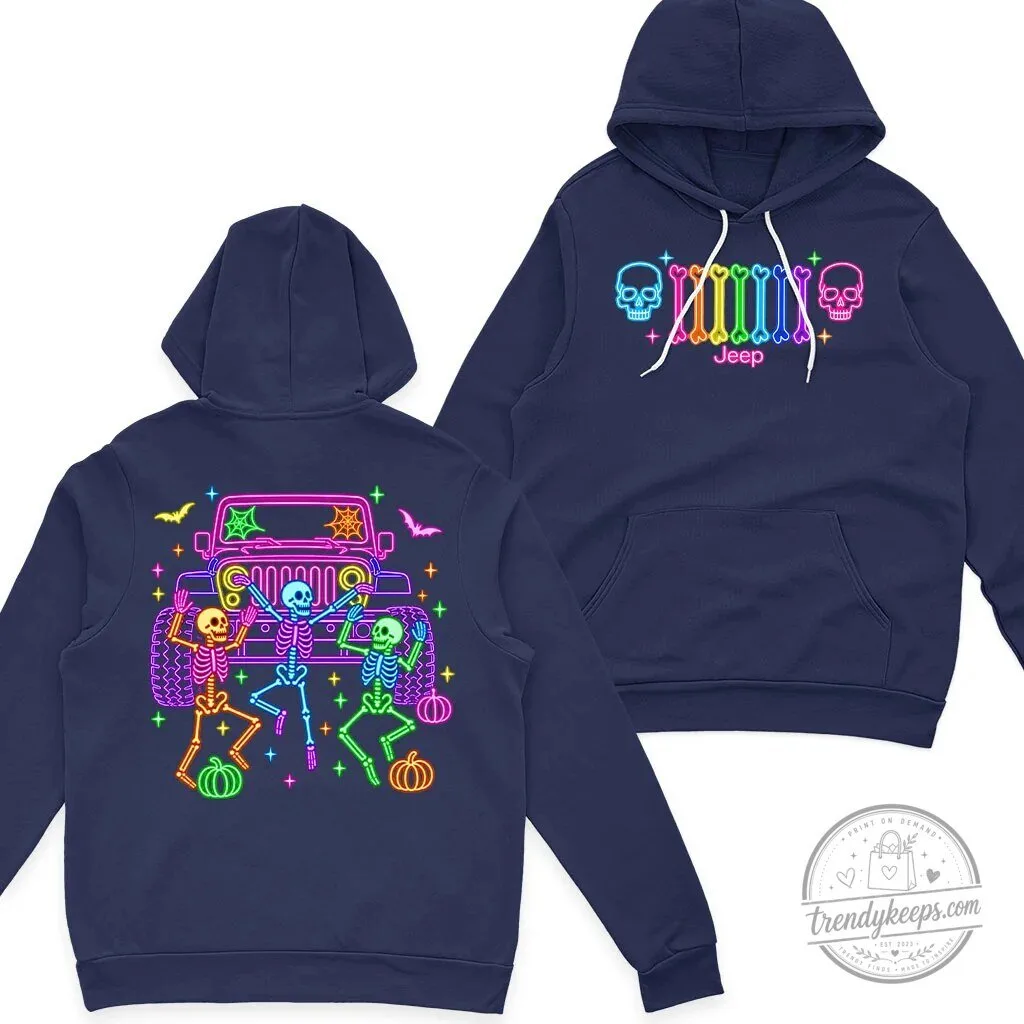 Halloween Jeep Skeleton Neon Glow Bones Dance Party Black Hoodie 17 Halloween Jeep Skeleton Neon Glow Bones Dance Party Black Hoodie