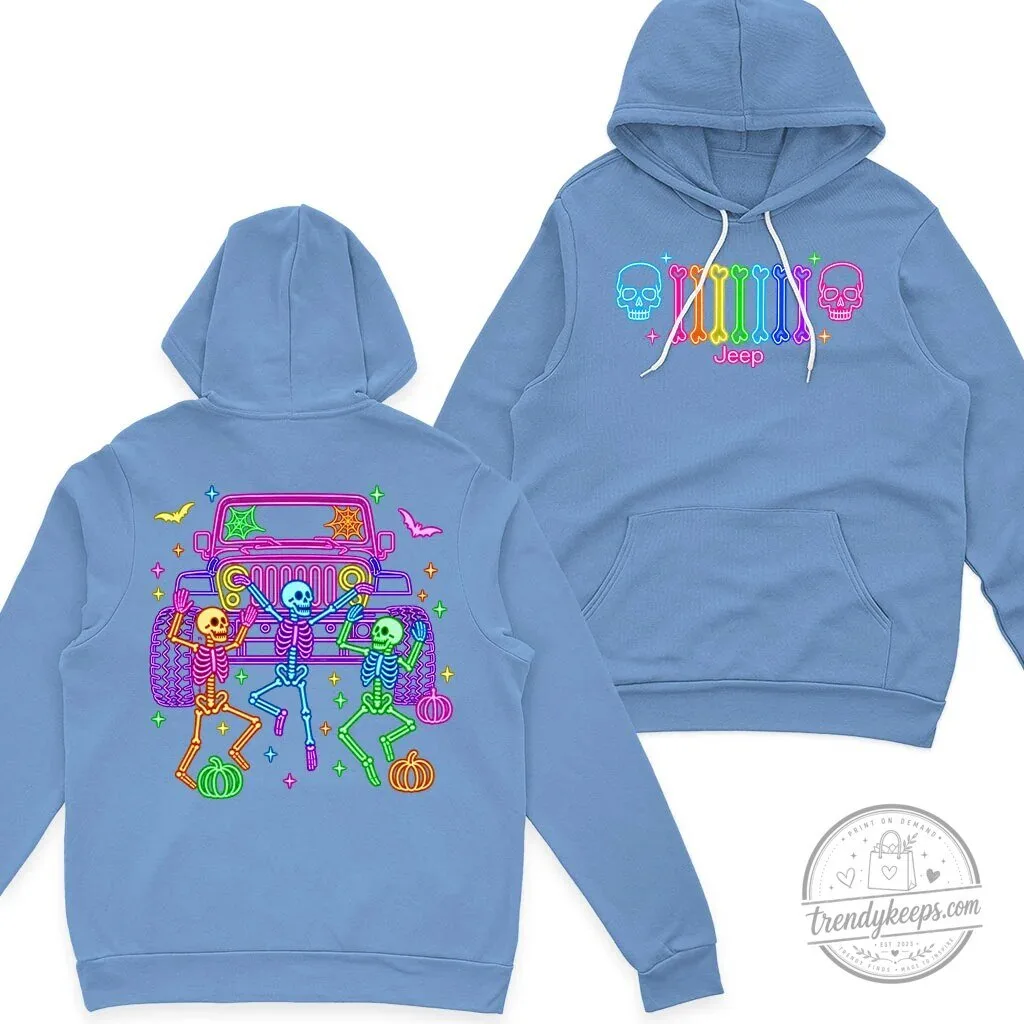 Halloween Jeep Skeleton Neon Glow Bones Dance Party Black Hoodie 18 Halloween Jeep Skeleton Neon Glow Bones Dance Party Black Hoodie