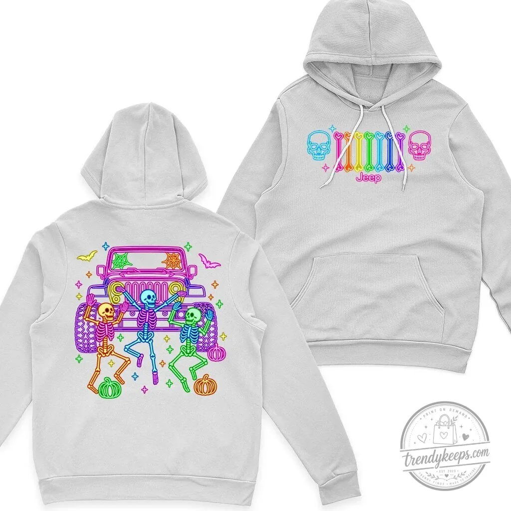 Halloween Jeep Skeleton Neon Glow Bones Dance Party Black Hoodie 19 Halloween Jeep Skeleton Neon Glow Bones Dance Party Black Hoodie