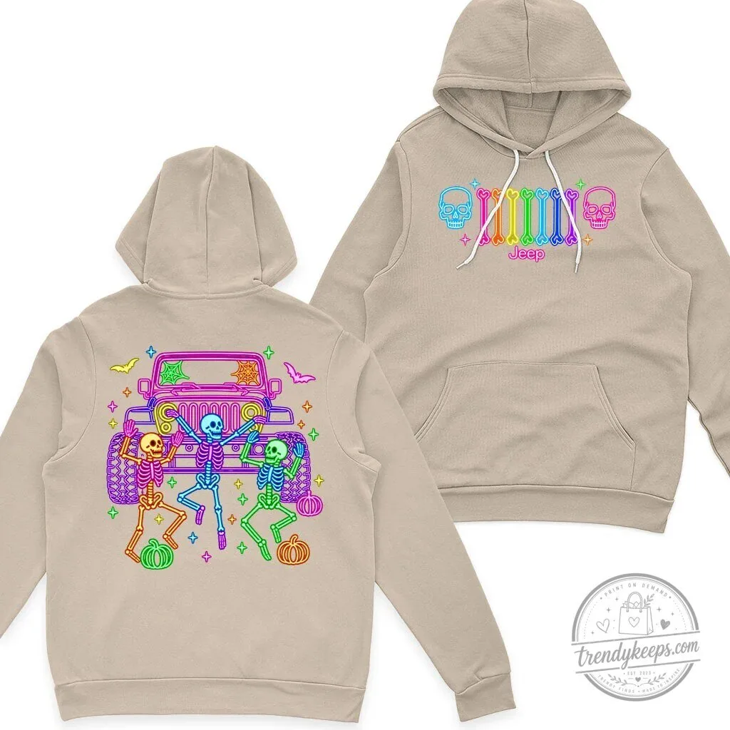 Halloween Jeep Skeleton Neon Glow Bones Dance Party Black Hoodie 20 Halloween Jeep Skeleton Neon Glow Bones Dance Party Black Hoodie