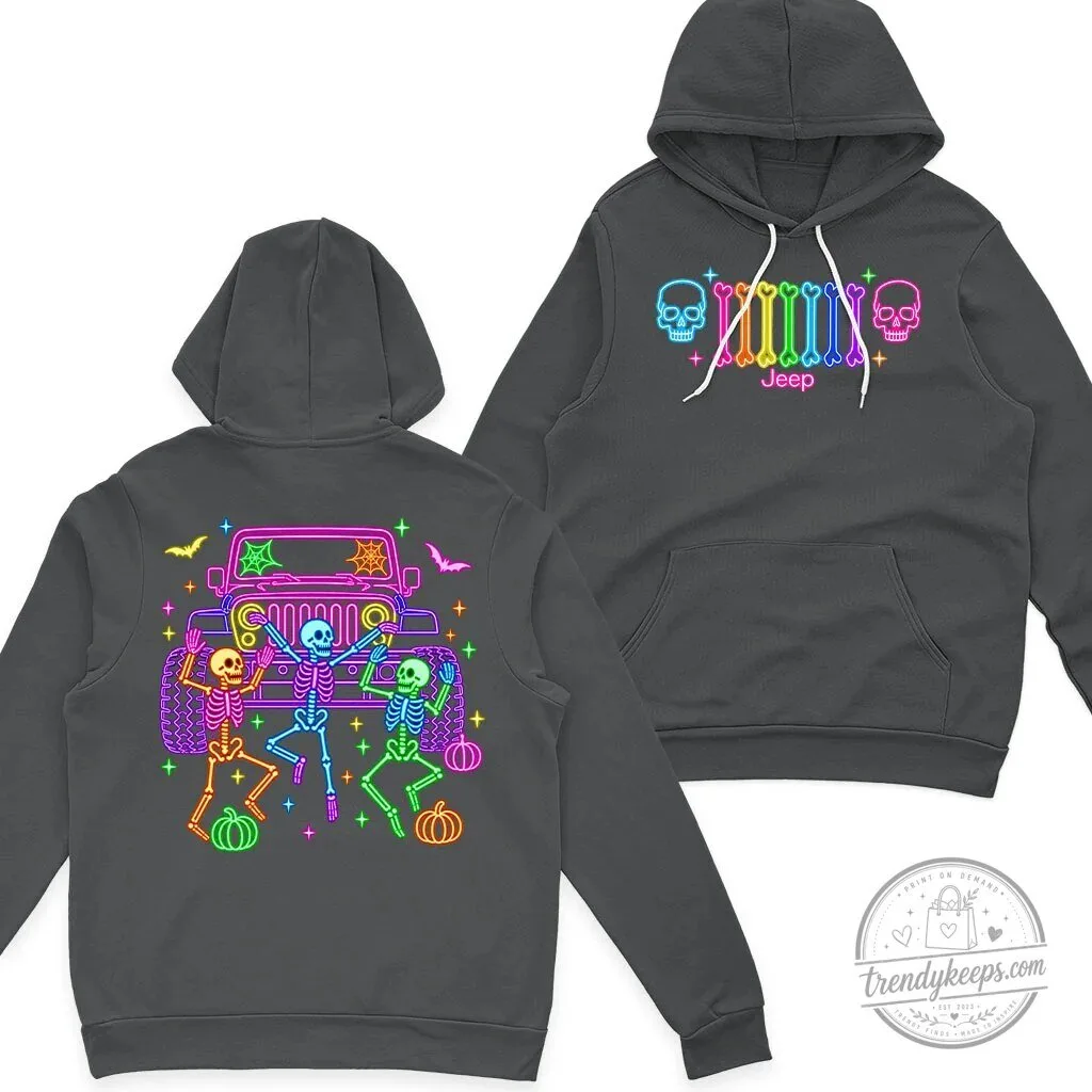 Halloween Jeep Skeleton Neon Glow Bones Dance Party Black Hoodie 21 Halloween Jeep Skeleton Neon Glow Bones Dance Party Black Hoodie