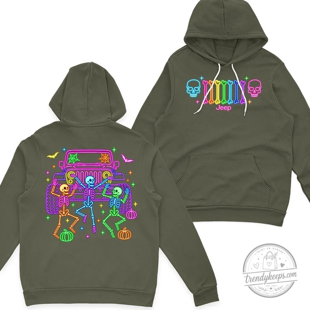 Halloween Jeep Skeleton Neon Glow Bones Dance Party Black Hoodie 22 Halloween Jeep Skeleton Neon Glow Bones Dance Party Black Hoodie