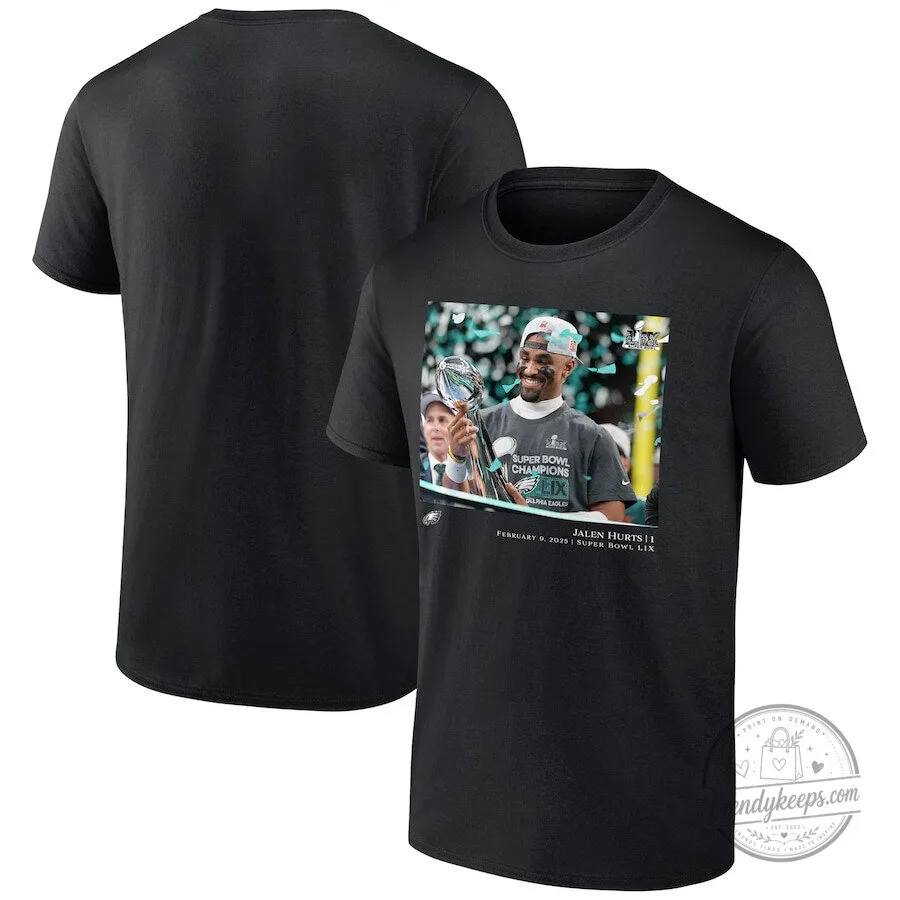Jalen Hurts Philadelphia Eagles Super Bowl LIX Champions Black T-Shirt