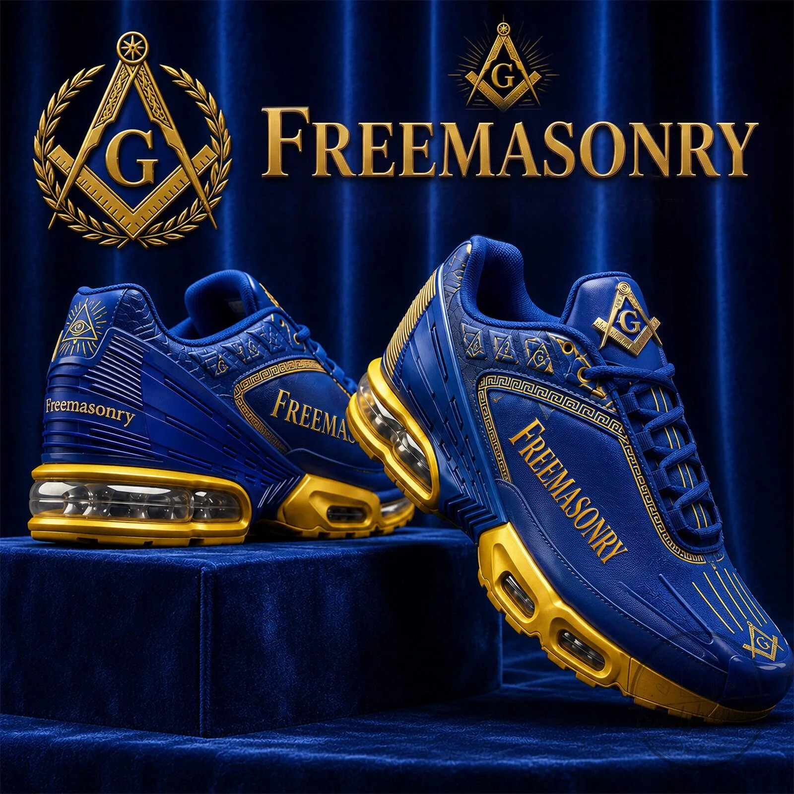 Freemasonry Blue and Gold Symbol Pattern Athletic Sneakers 1 Freemasonry Blue and Gold Symbol Pattern Athletic Sneakers
