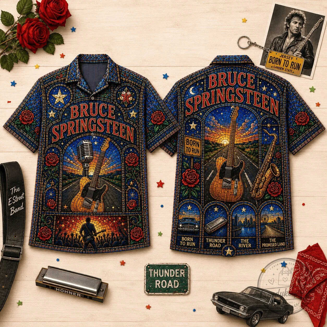 Bruce Springsteen Born To Run Stained Glass Hawaiian Shirt for E Street Band Fans