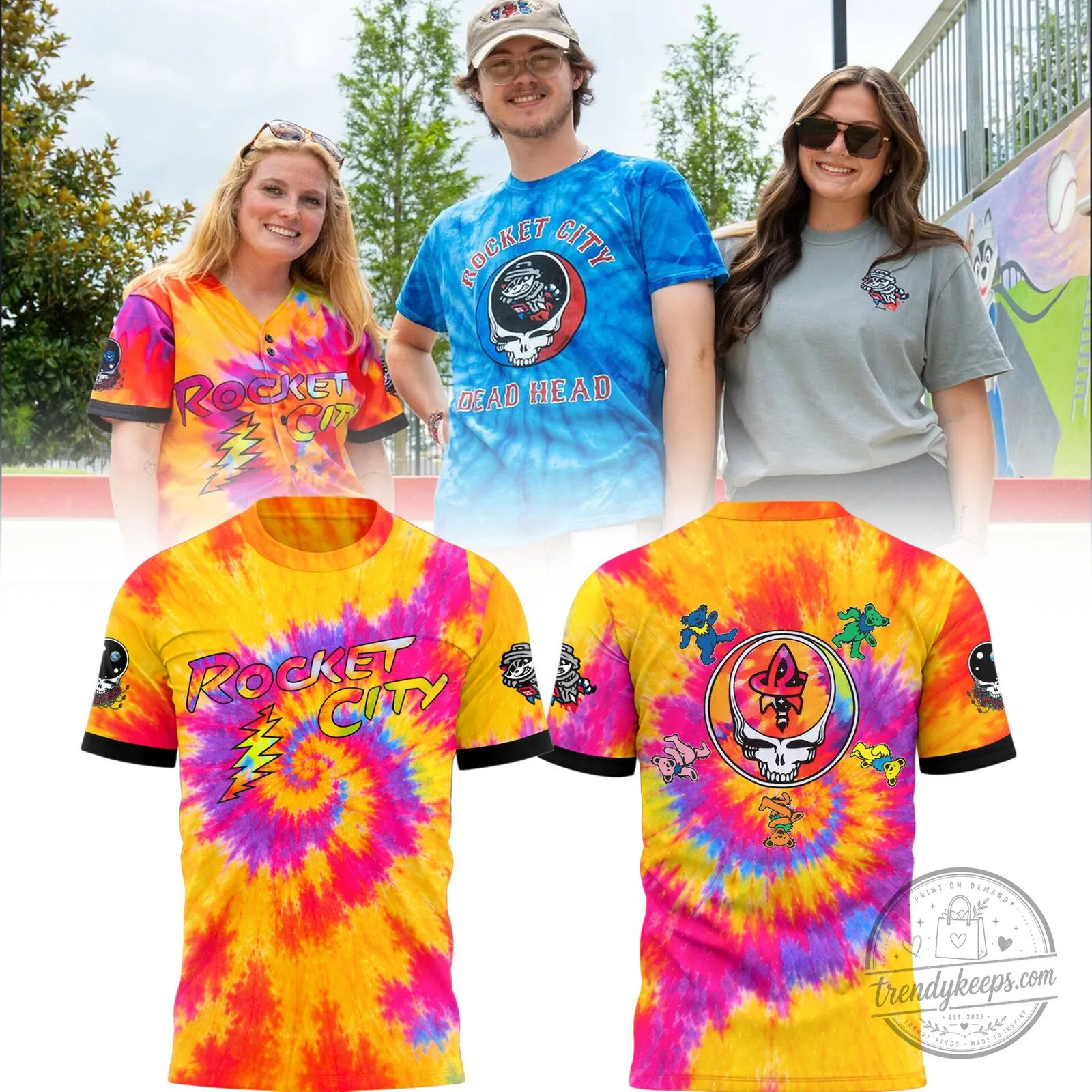 Tie-Dye Baseball Jersey featuring Grateful Dead and Rocket City Trash Pandas Design