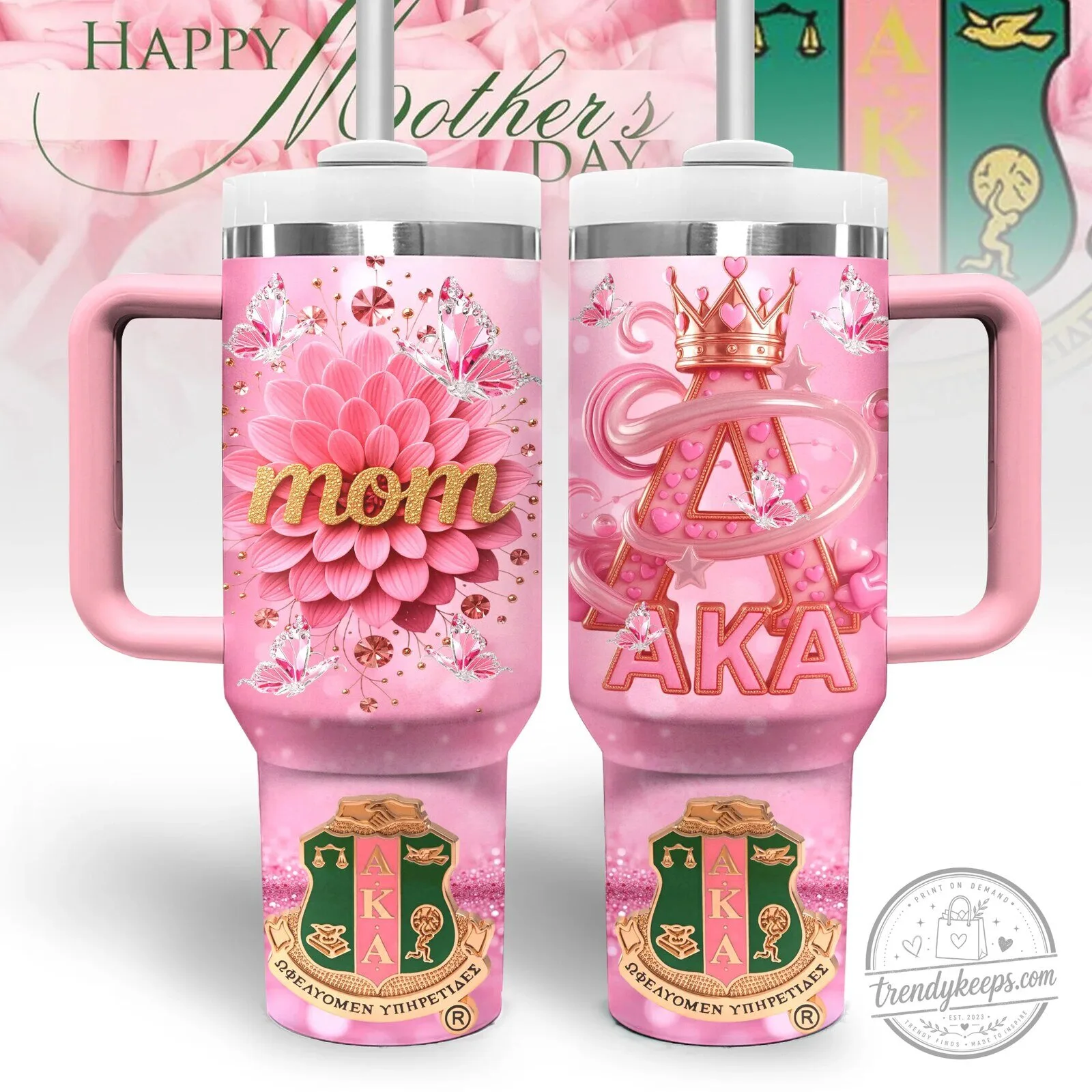 Pink Alpha Kappa Alpha Sorority Mom Mother's Day Floral Tumbler with Handle