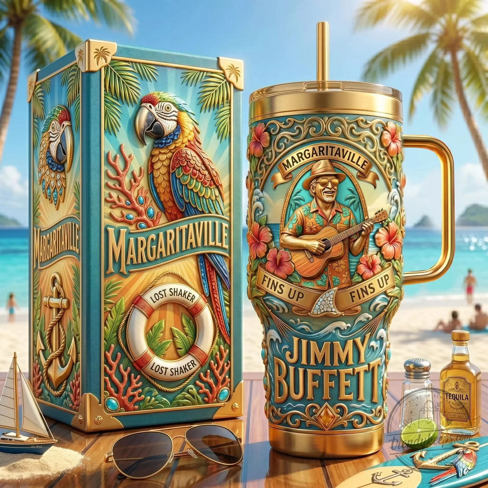 Jimmy Buffett Margaritaville Tropical Parrot Gold Handle Tumbler