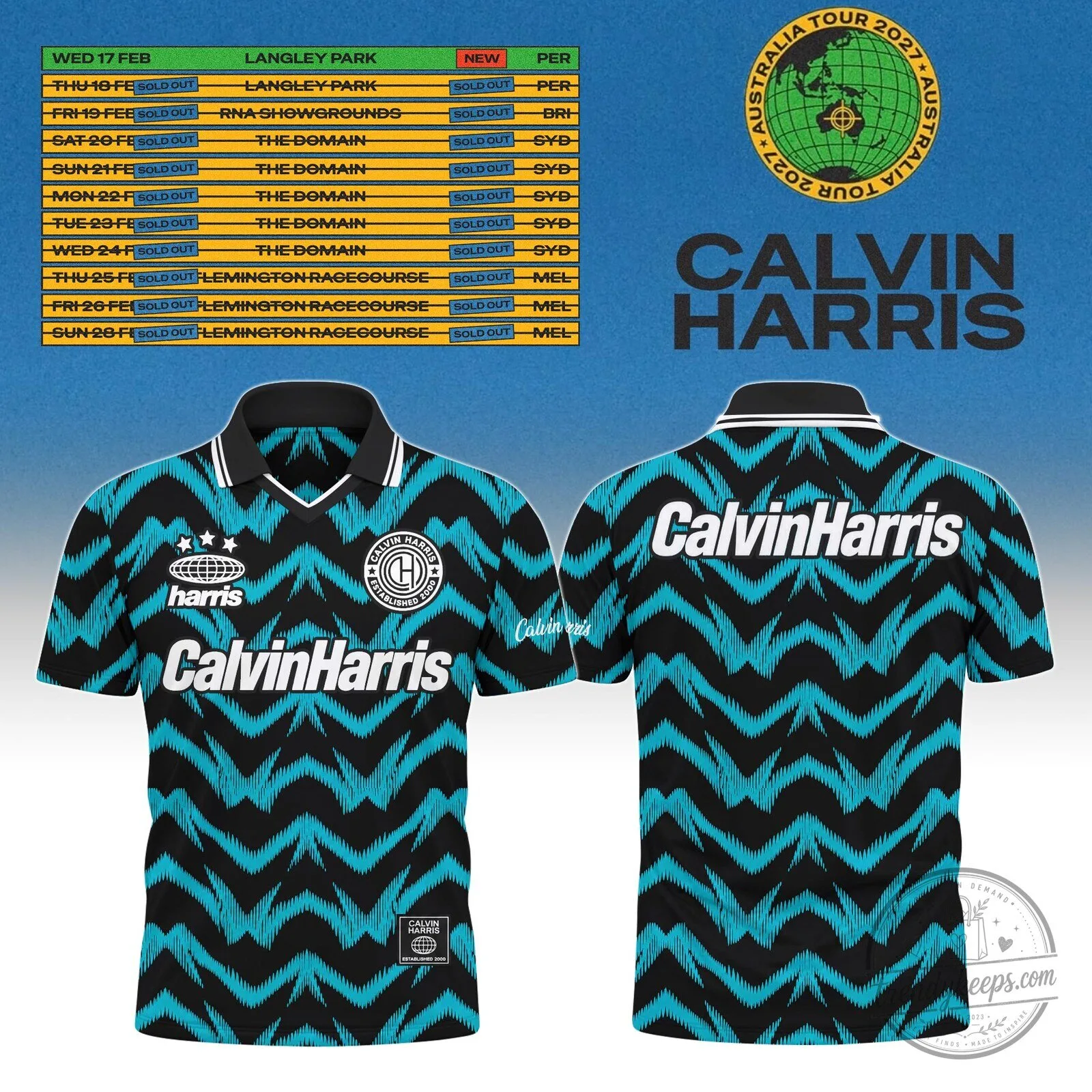 Calvin Harris Australia Tour 2027 Black and Blue Patterned Football Jersey