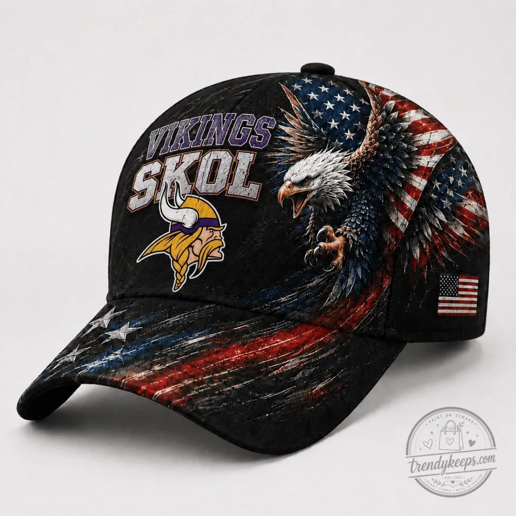 Minnesota Vikings Skol American Flag Eagle Baseball Cap Hat Minnesota Vikings Skol American Flag Eagle Baseball Cap Hat