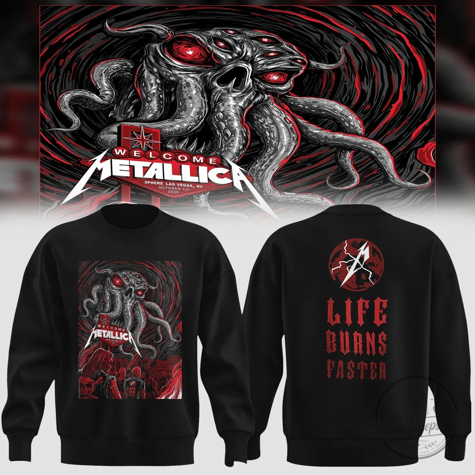 Las Vegas 2026 Concert Tour Sweatshirt - Metallica Life Burns Faster Design