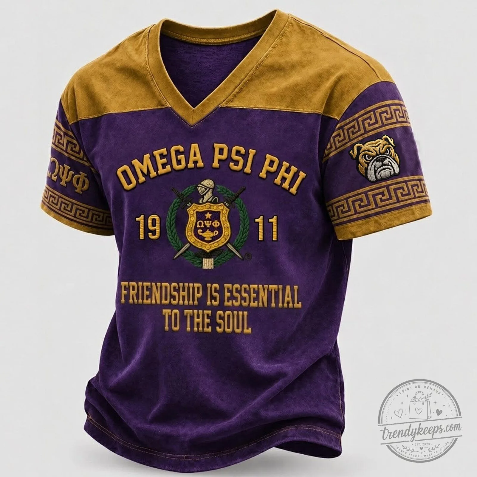Omega Psi Phi Fraternity Vintage Style Purple and Gold T-Shirt