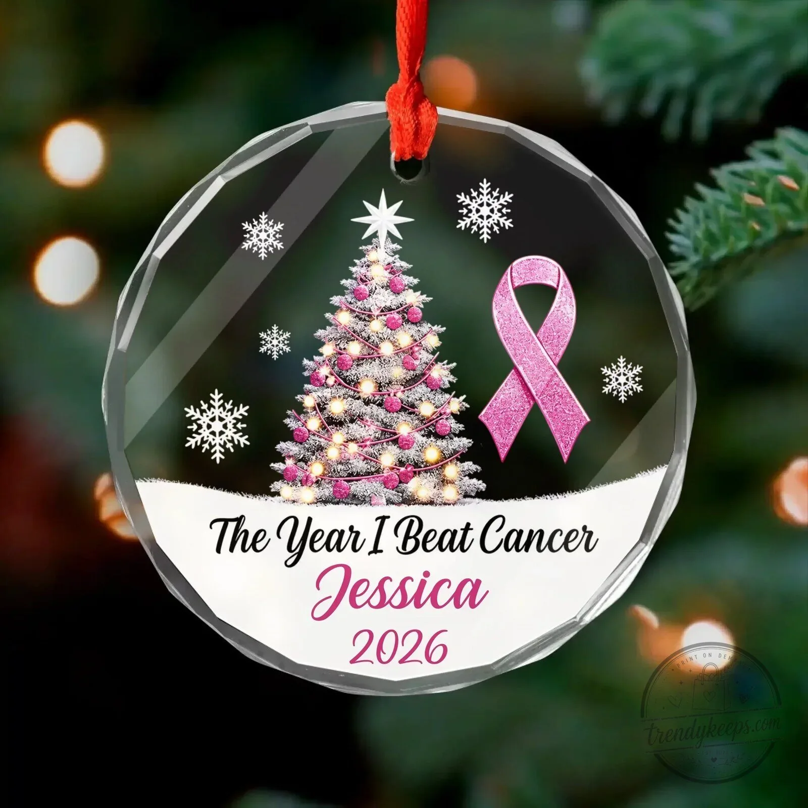 Personalized The Year I Beat Cancer Pink Ribbon Christmas Tree Glass Ornament