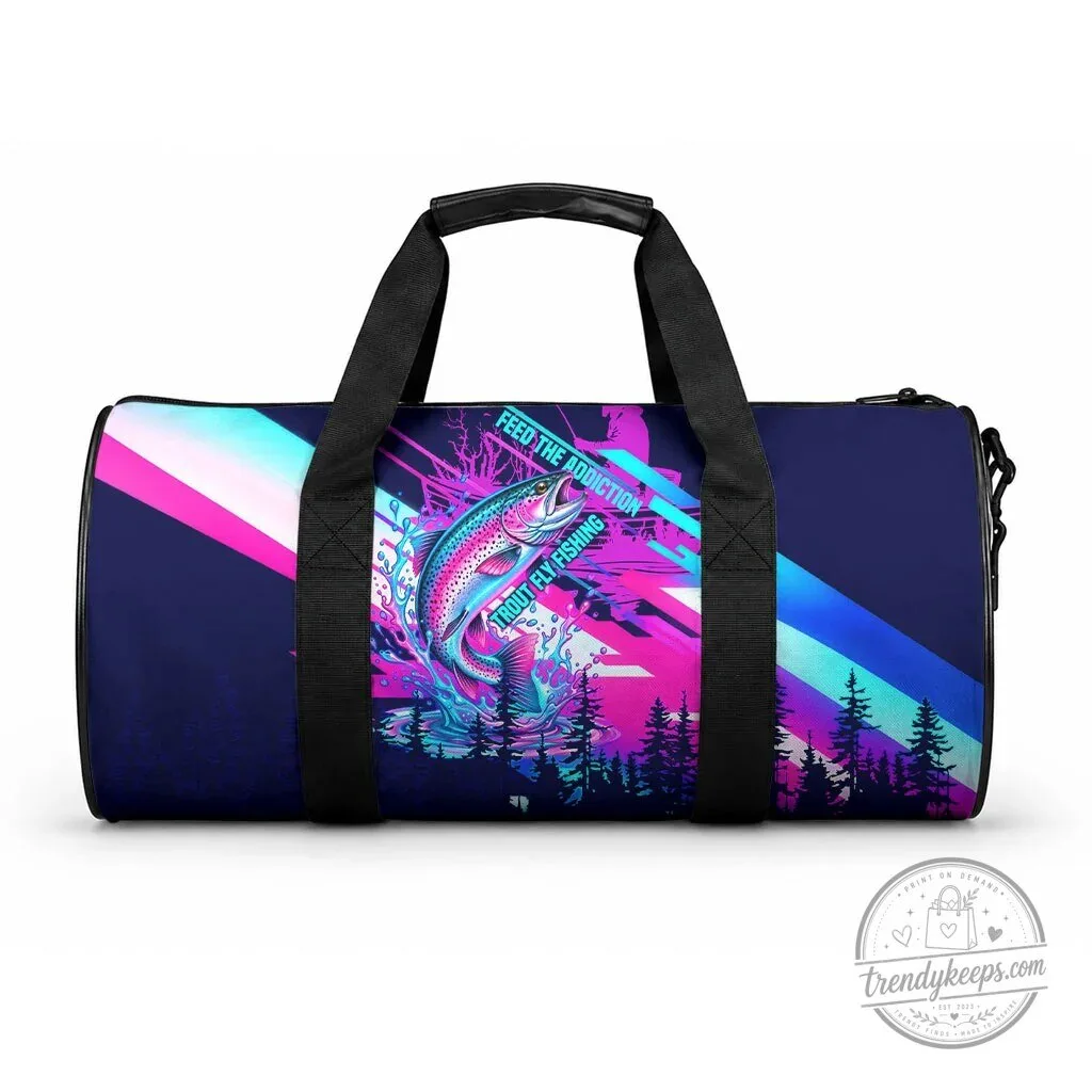 Trout Fly Fishing Born To Cast Duffle Bag Vibrant Neon Cyberpunk Abstract Rainbow