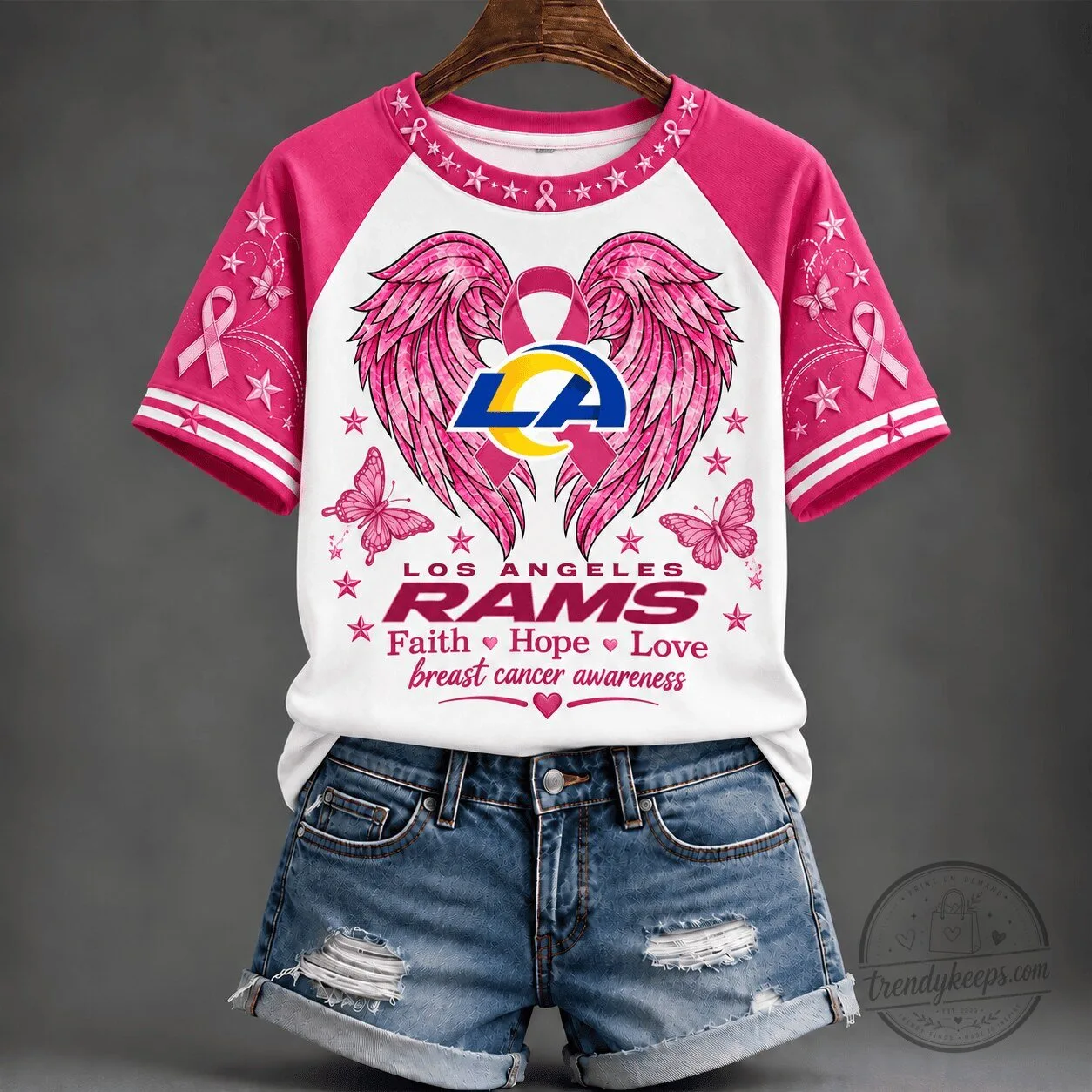 Breast Cancer Awareness T-Shirt featuring Los Angeles Rams Faith, Hope, and Love Design