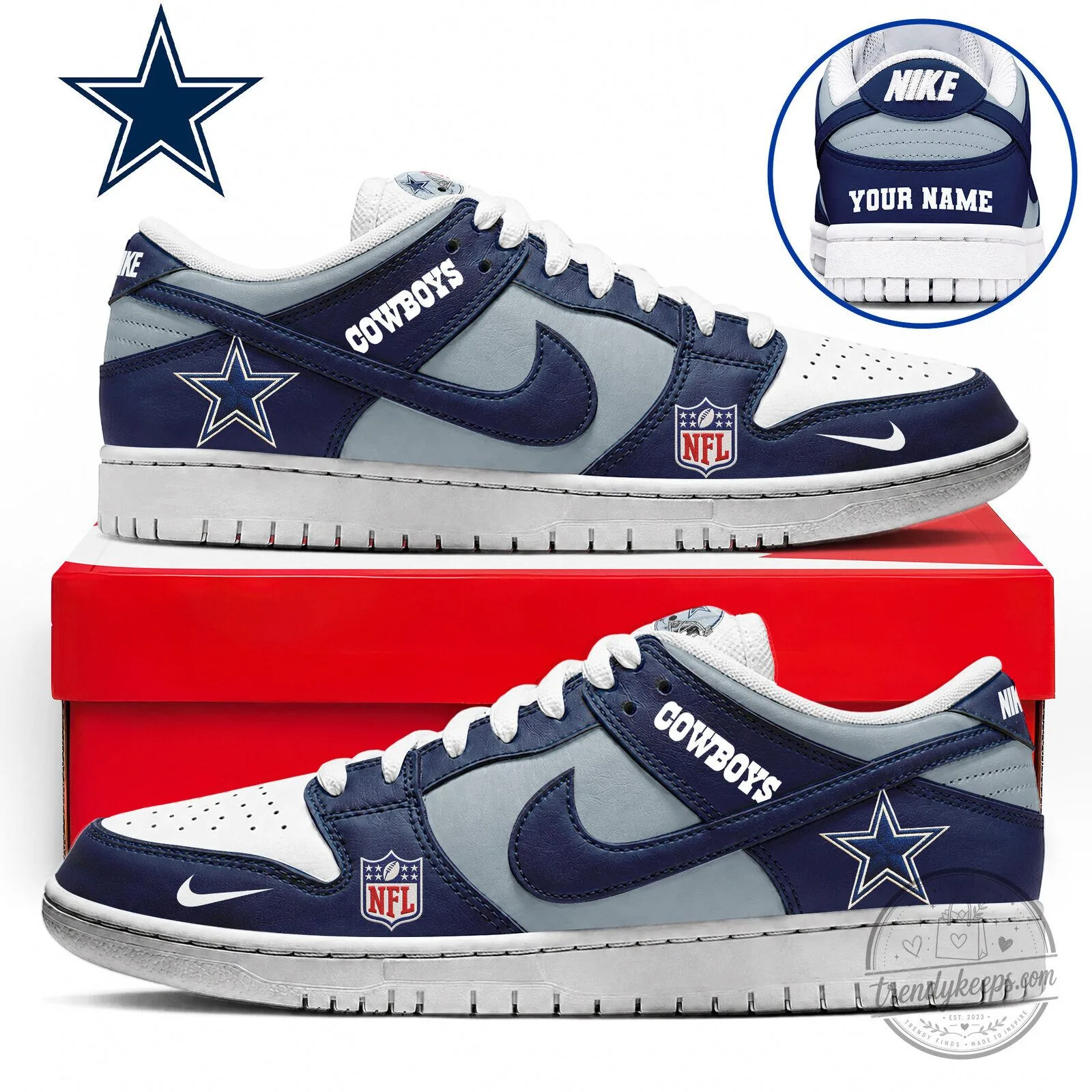 Dallas Cowboys NFL Team Logo Custom Name Blue and Gray Sneakers Shoes