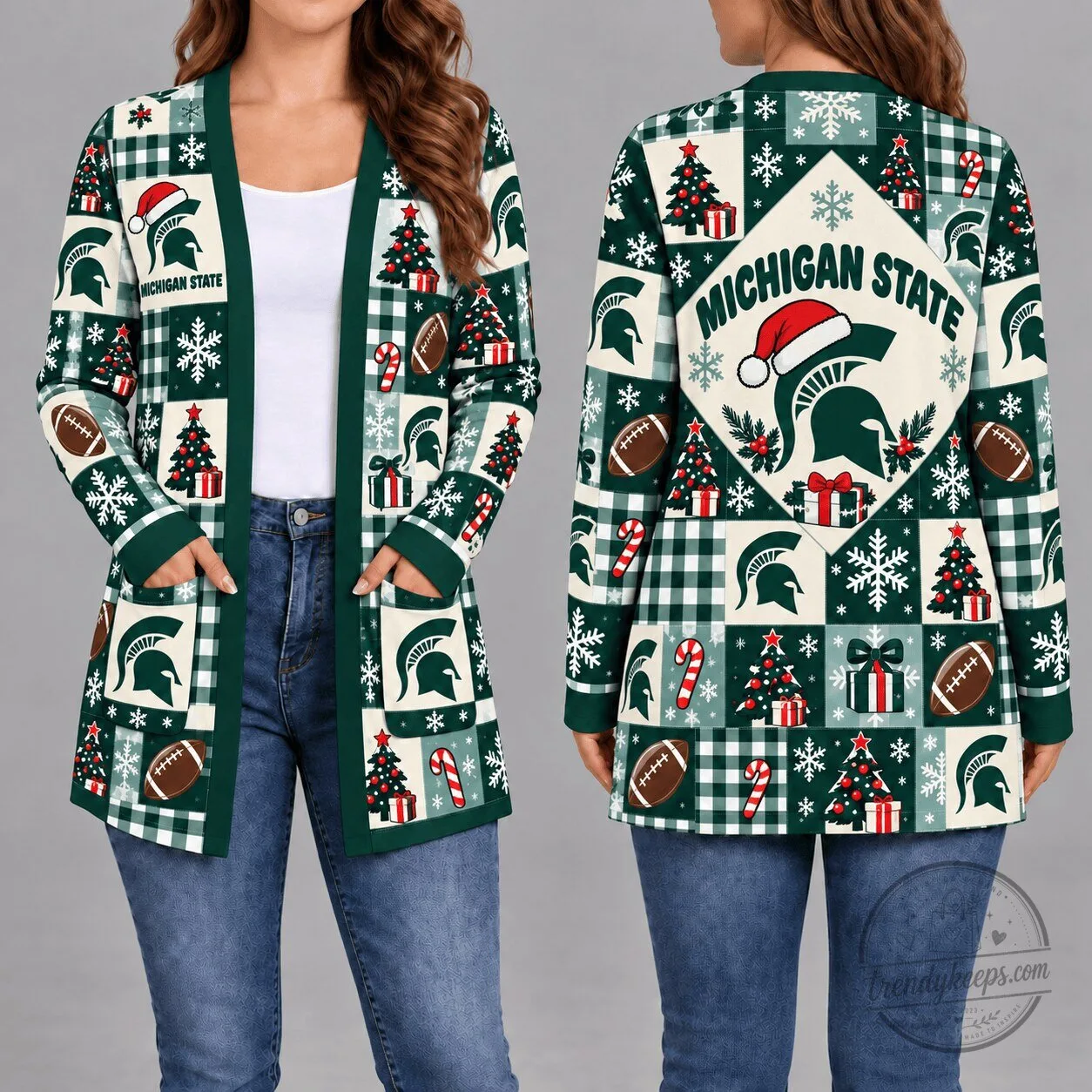 Michigan State Spartans Christmas Holiday Pattern Long Sleeve Cardigan