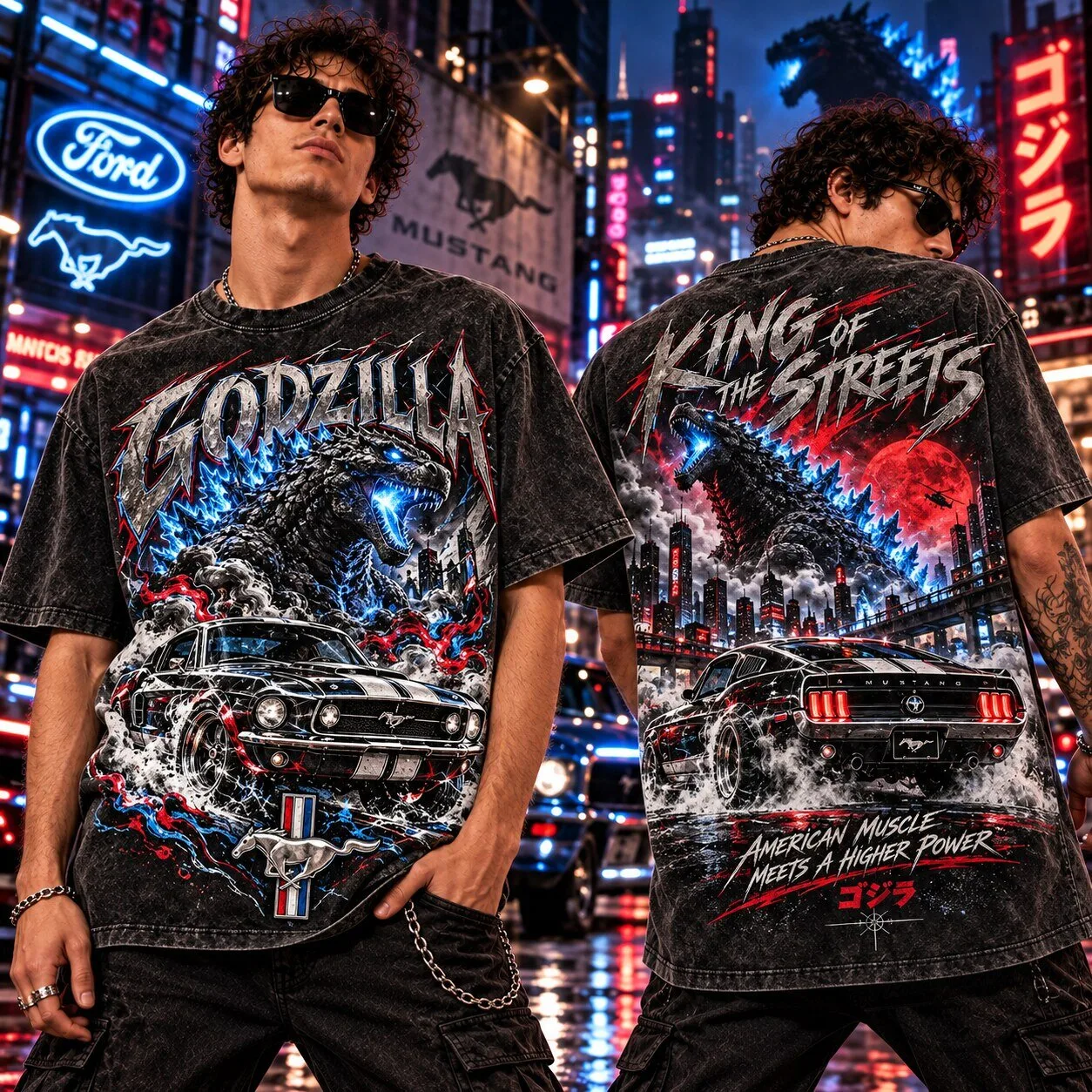 Godzilla King of the Streets Ford Mustang Muscle Car T-Shirt 1 Godzilla King of the Streets Ford Mustang Muscle Car T-Shirt